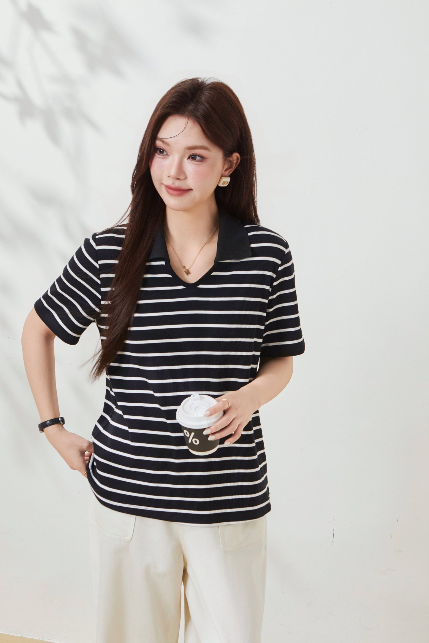 Knitted Ribbed V-Neck Striped T-Shirt FXZ7050