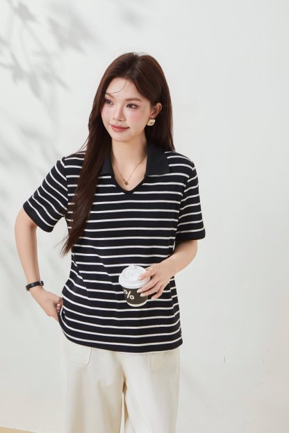 Knitted Ribbed V-Neck Striped T-Shirt FXZ7050