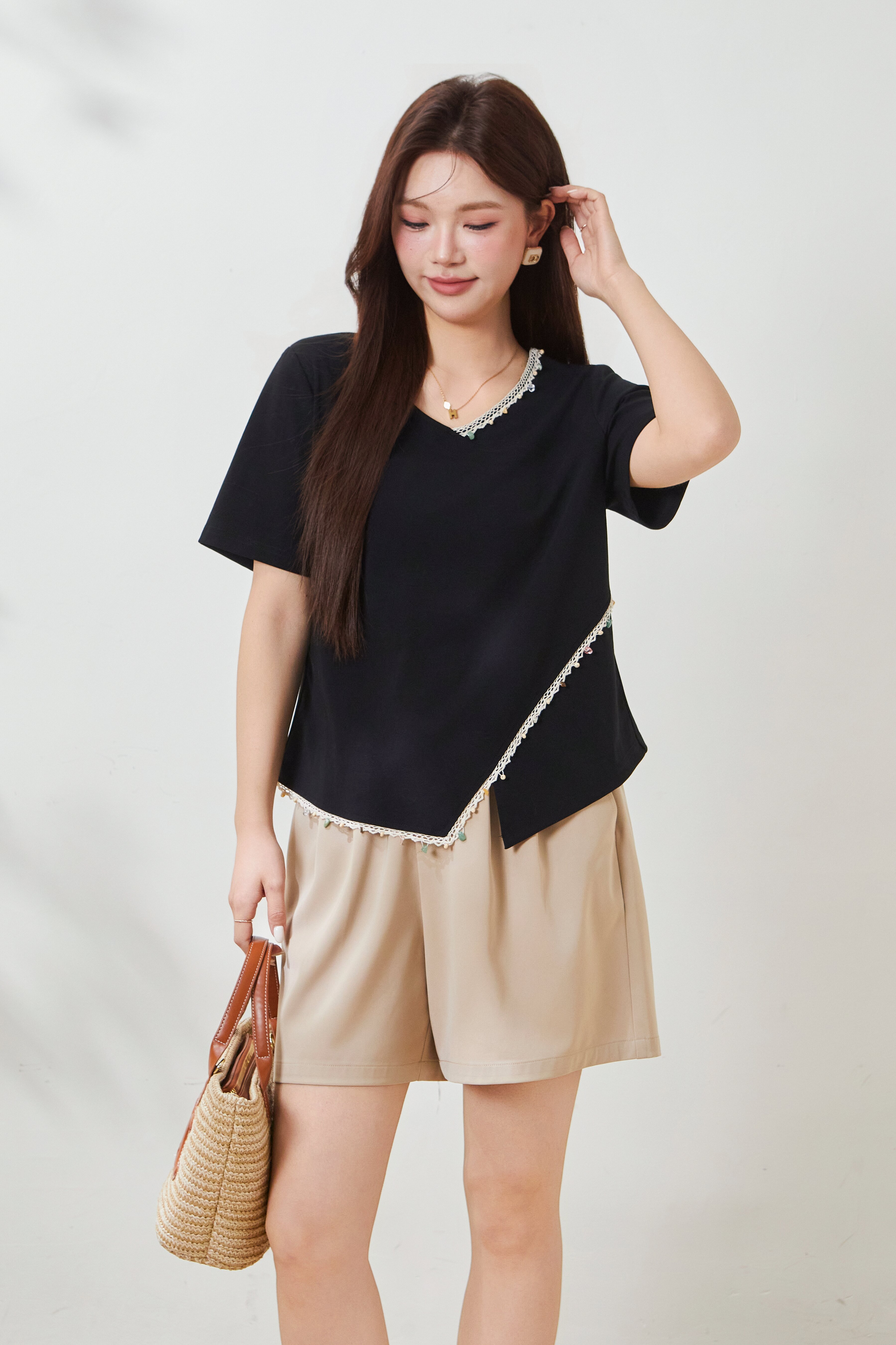 Irregular knit with waist cinching T-shirt FXZ7033