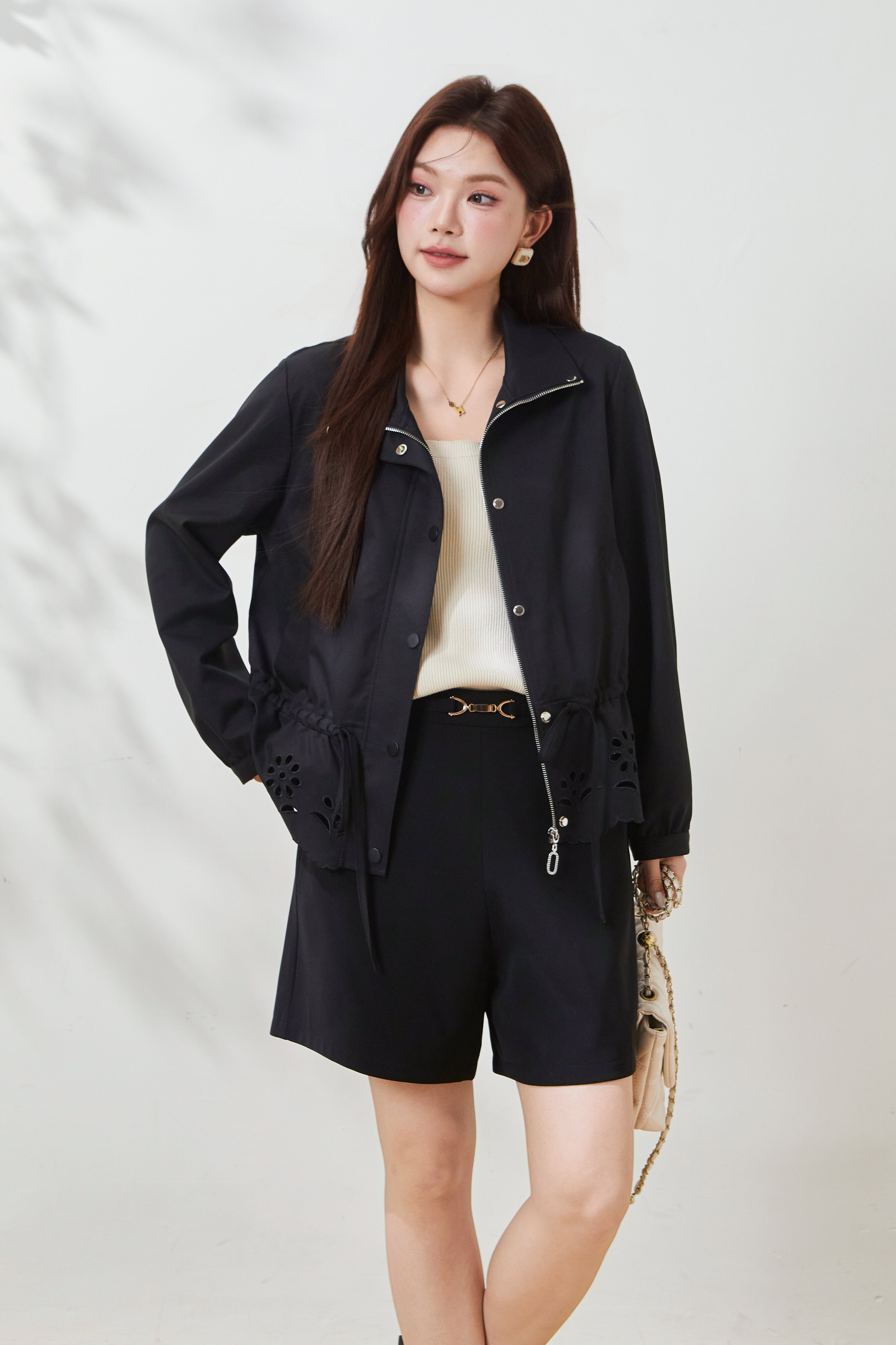 Stand-up collar hollowed-out waist-cinching jacket FCW7026