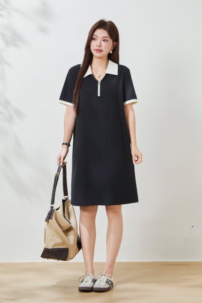 Color blocked POLO collar half zipper slimming dress FXQ7096