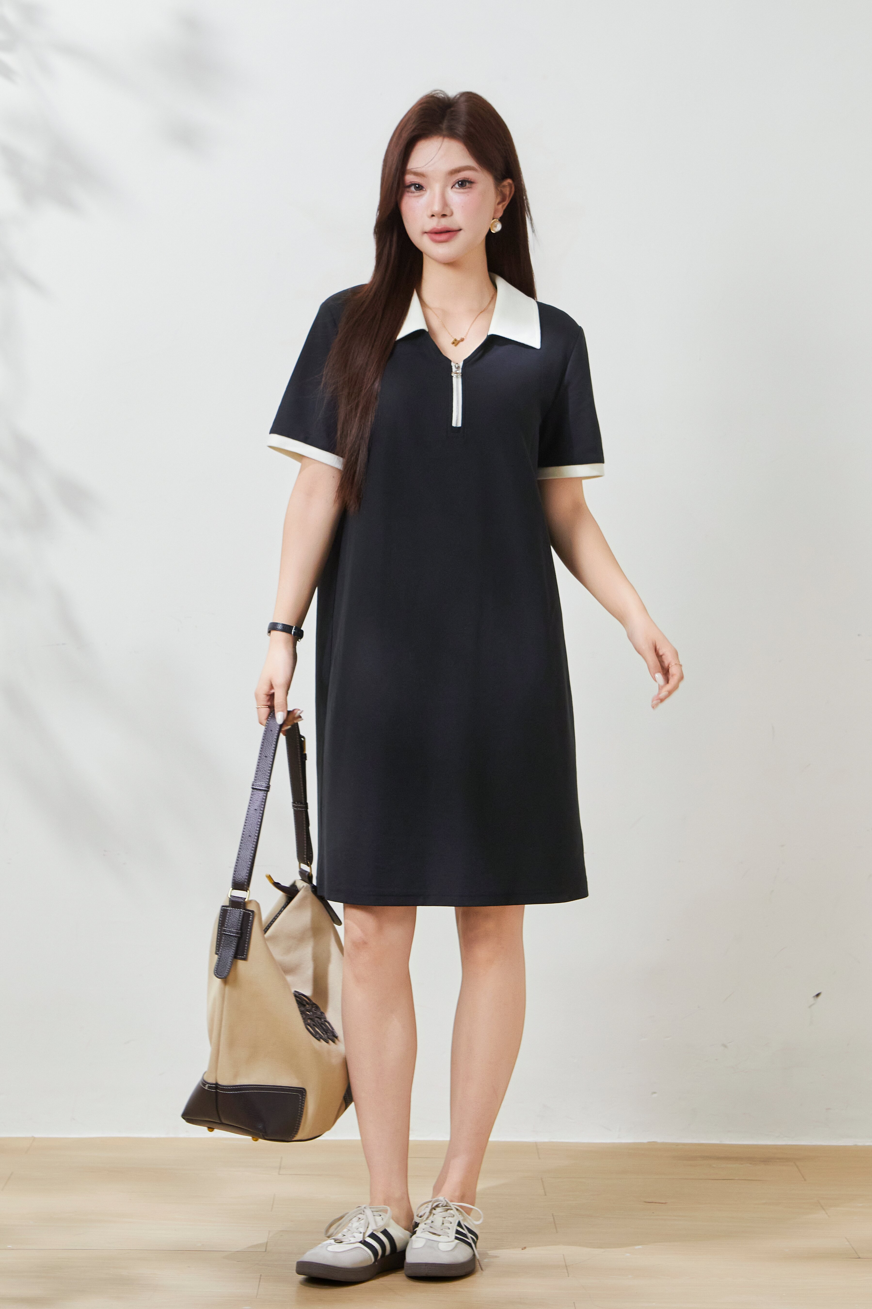 Color blocked POLO collar half zipper slimming dress FXQ7096