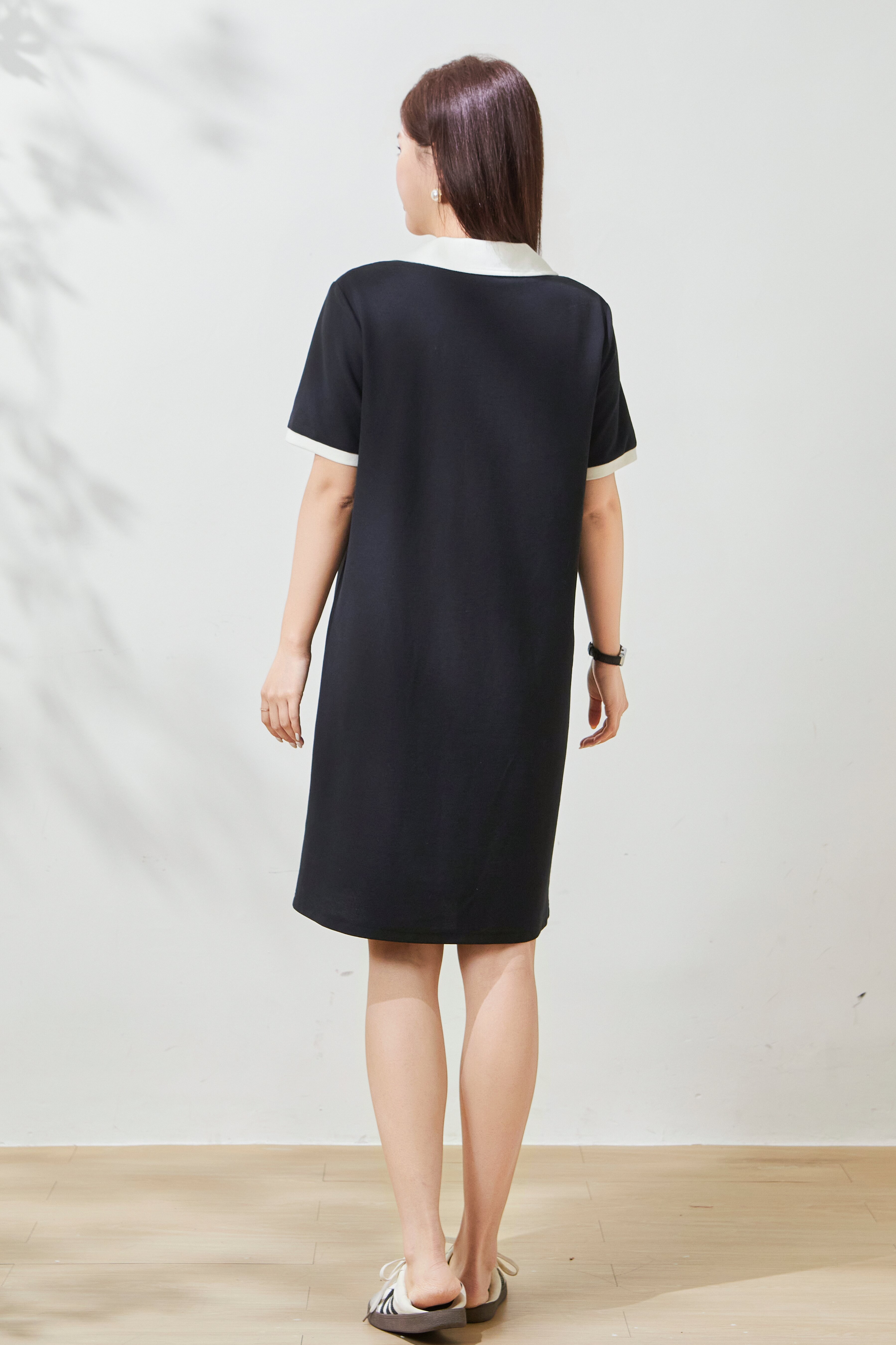 Color blocked POLO collar half zipper slimming dress FXQ7096