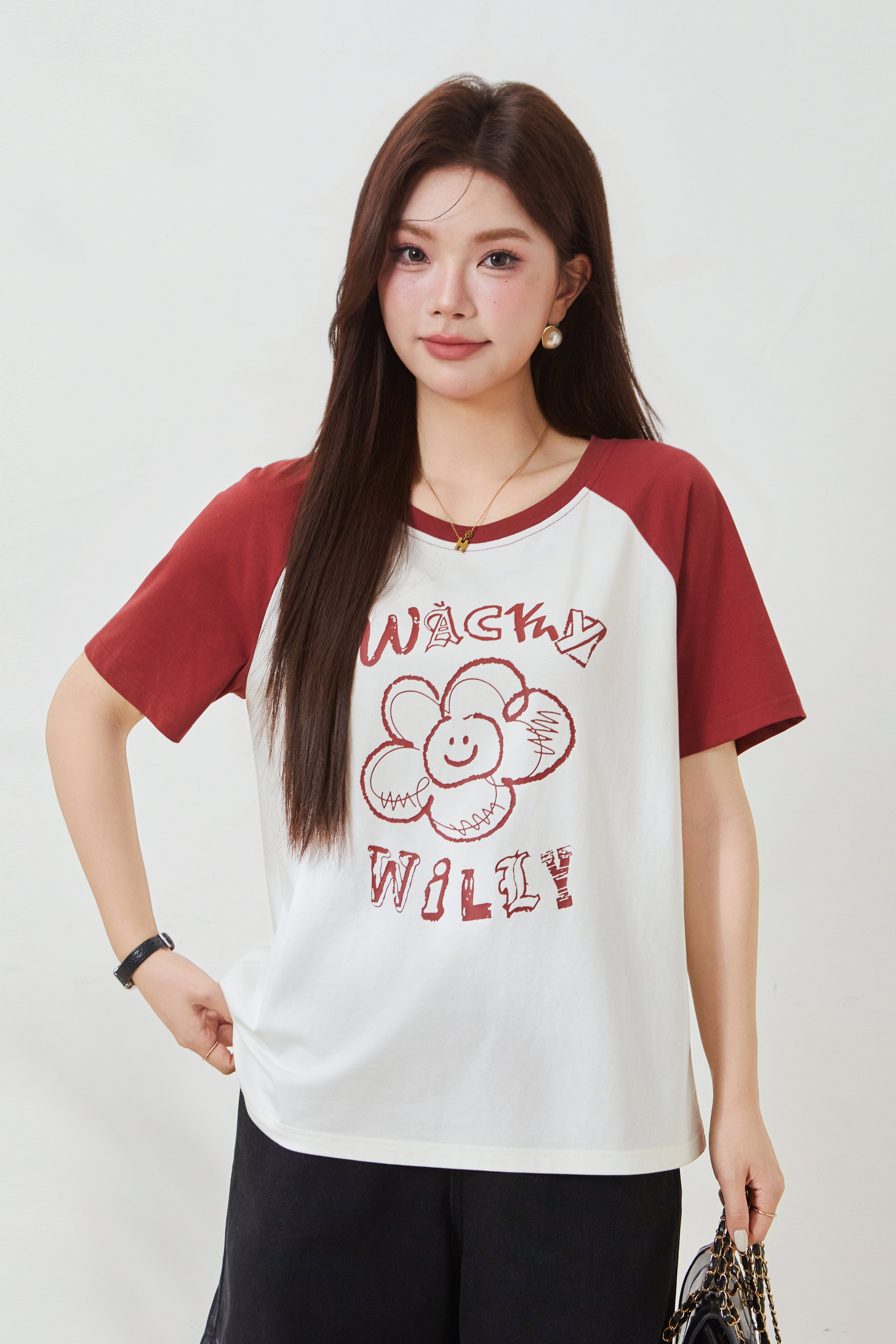 Flower print contrasting raglan sleeve T-shirt FXZ8011