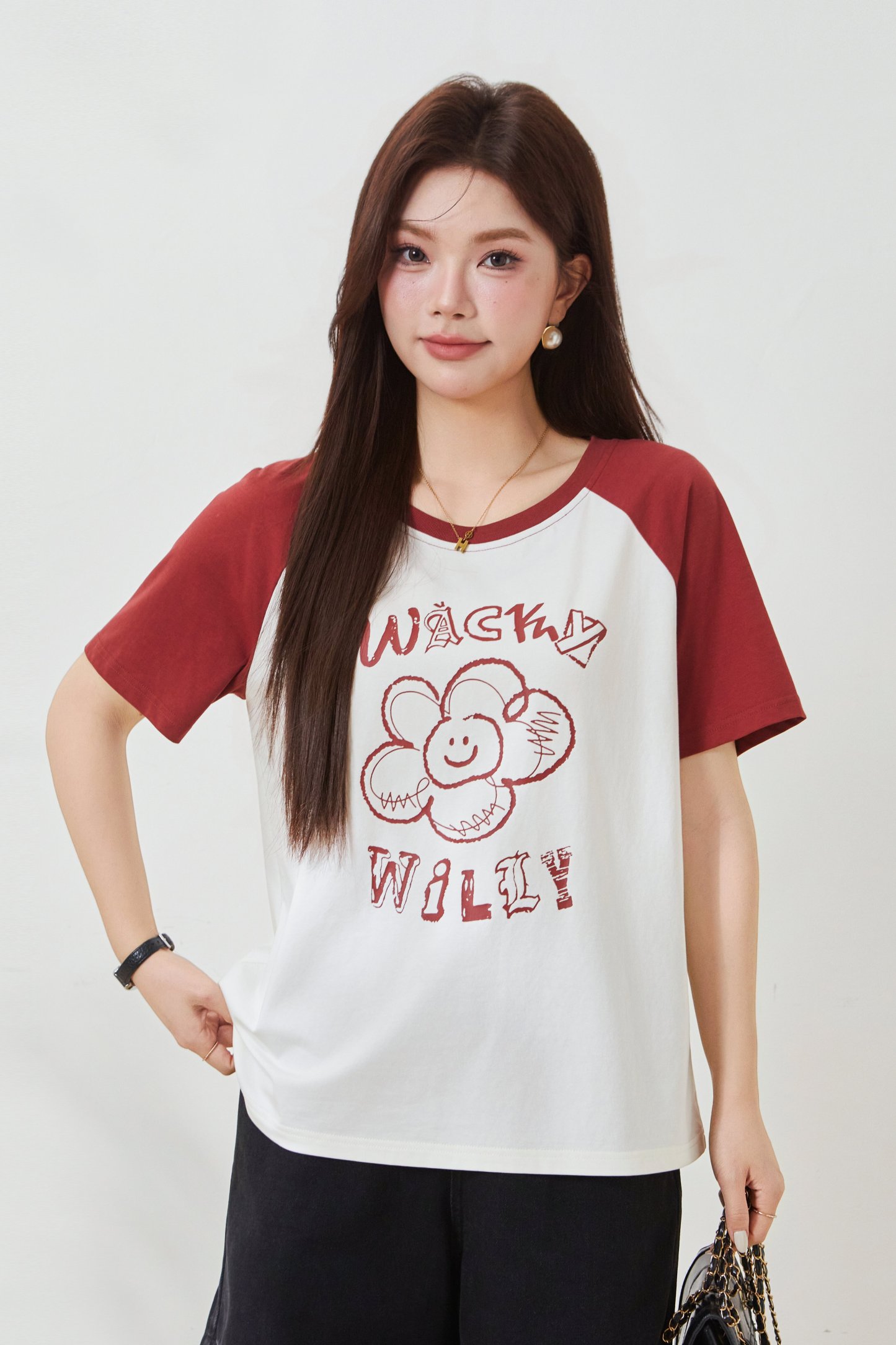 Flower print contrasting raglan sleeve T-shirt FXZ8011