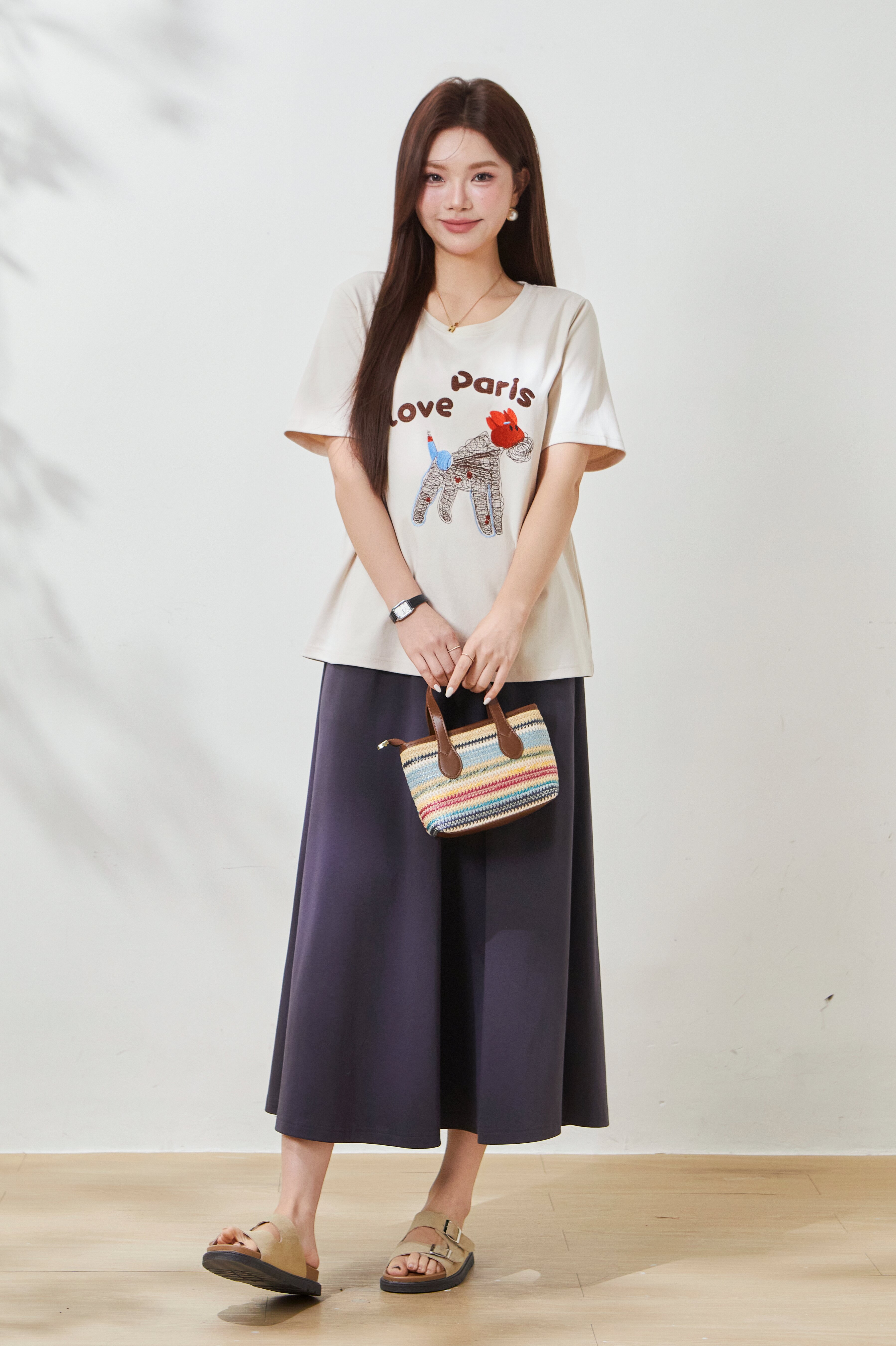 Cartoon embroidery skin friendly double-sided knitted T-shirt FXZ8017