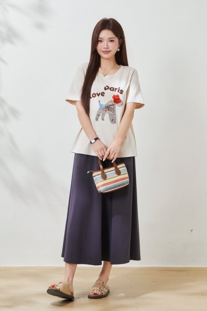 Cartoon embroidery skin friendly double-sided knitted T-shirt FXZ8017