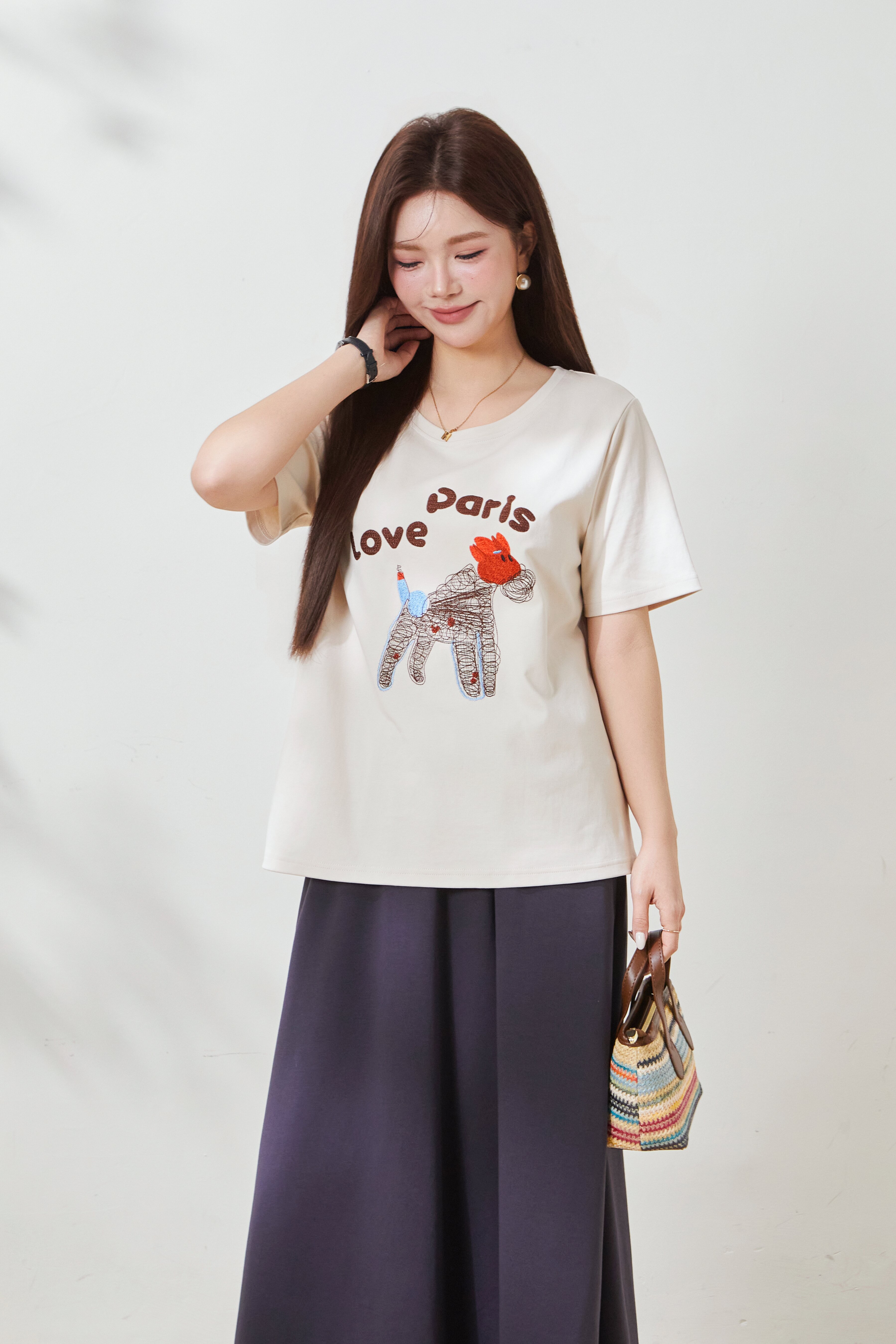 Cartoon embroidery skin friendly double-sided knitted T-shirt FXZ8017
