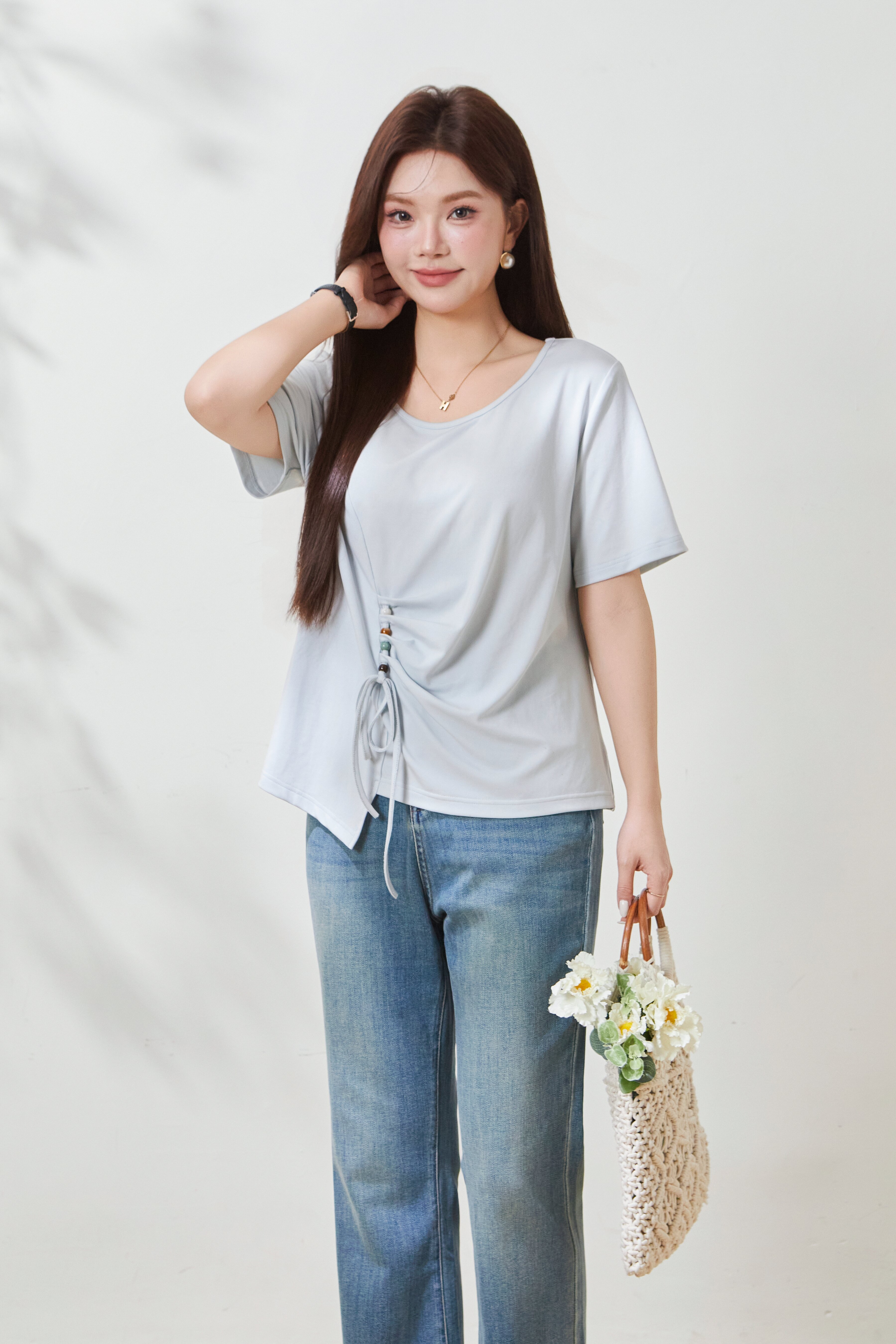 Round-neck, waist-cinching Tencel knit T-shirt FXZ7072