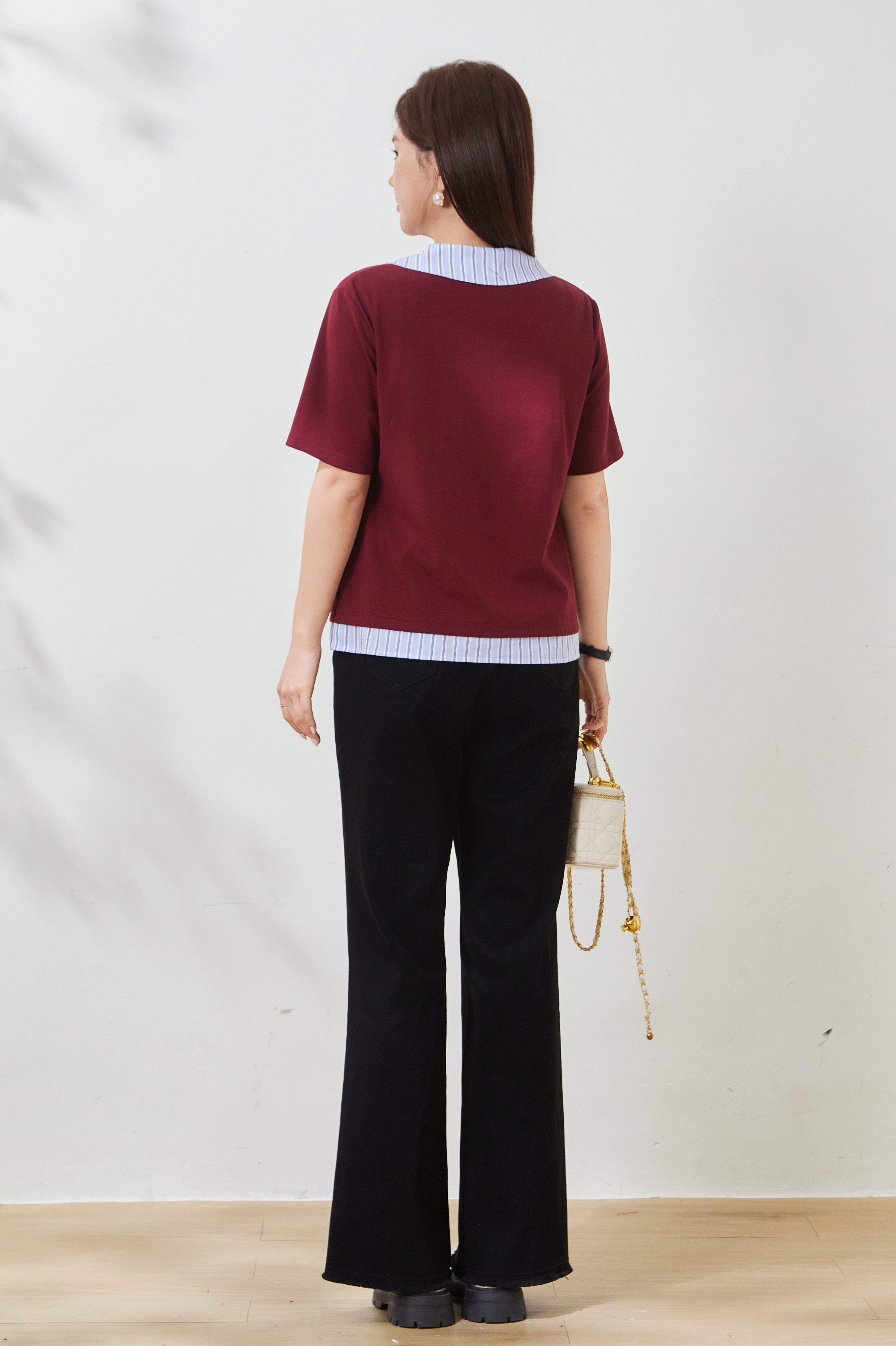 Striped patchwork fake two-piece knitted shirt FXZ8010