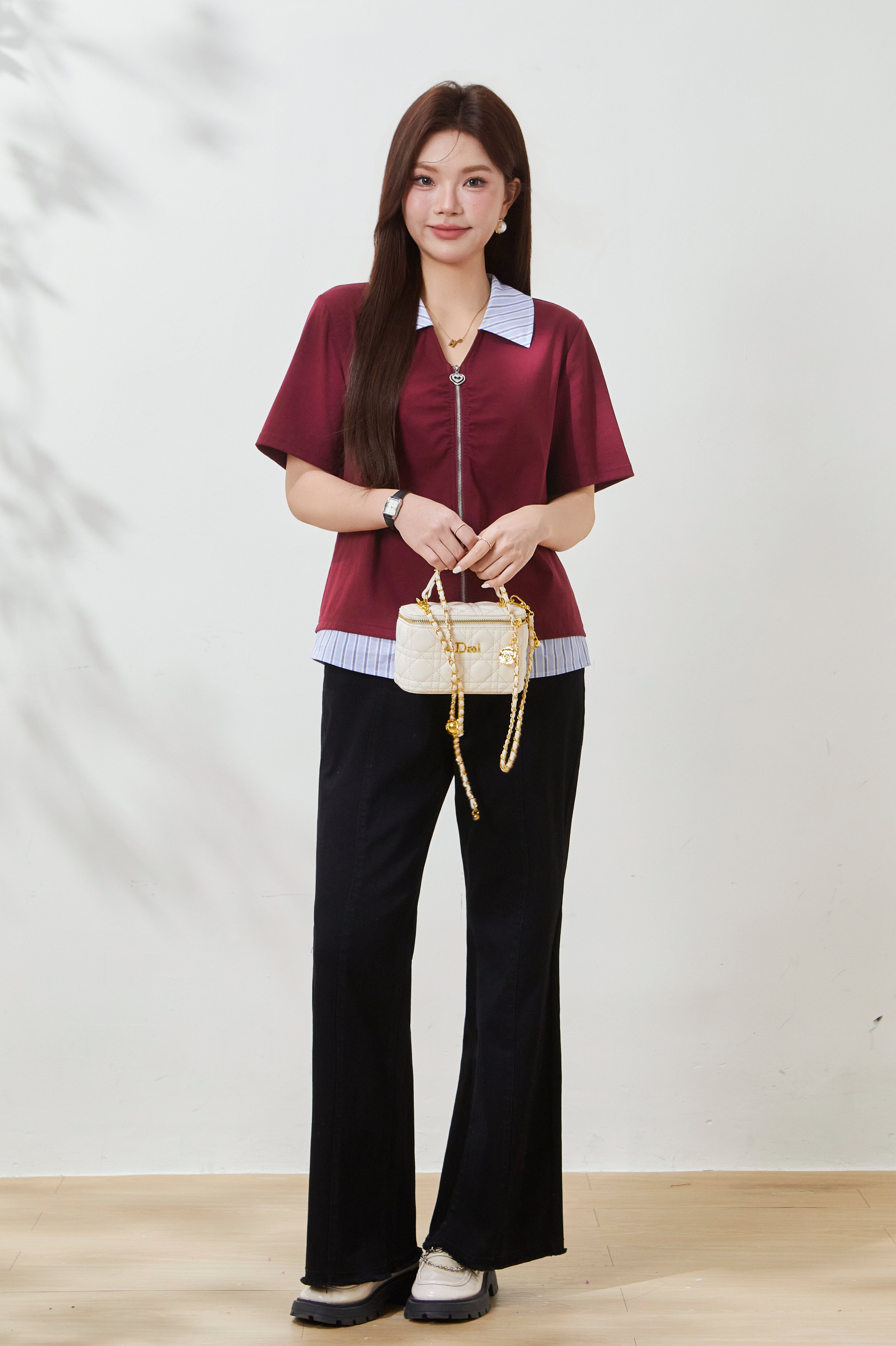 Striped patchwork fake two-piece knitted shirt FXZ8010