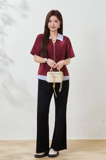 Striped patchwork fake two-piece knitted shirt FXZ8010