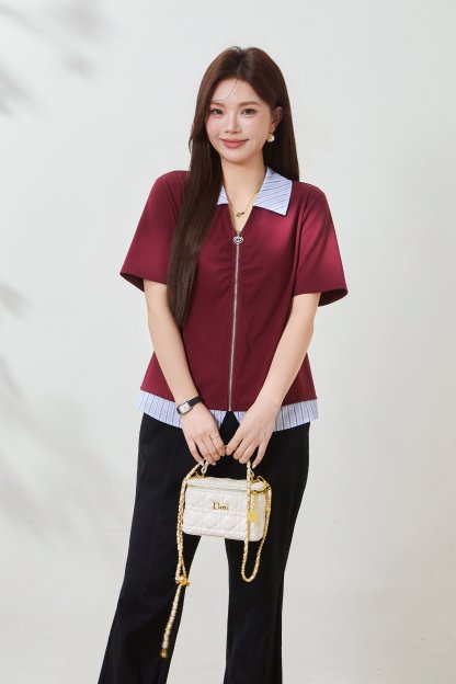 Striped patchwork fake two-piece knitted shirt FXZ8010