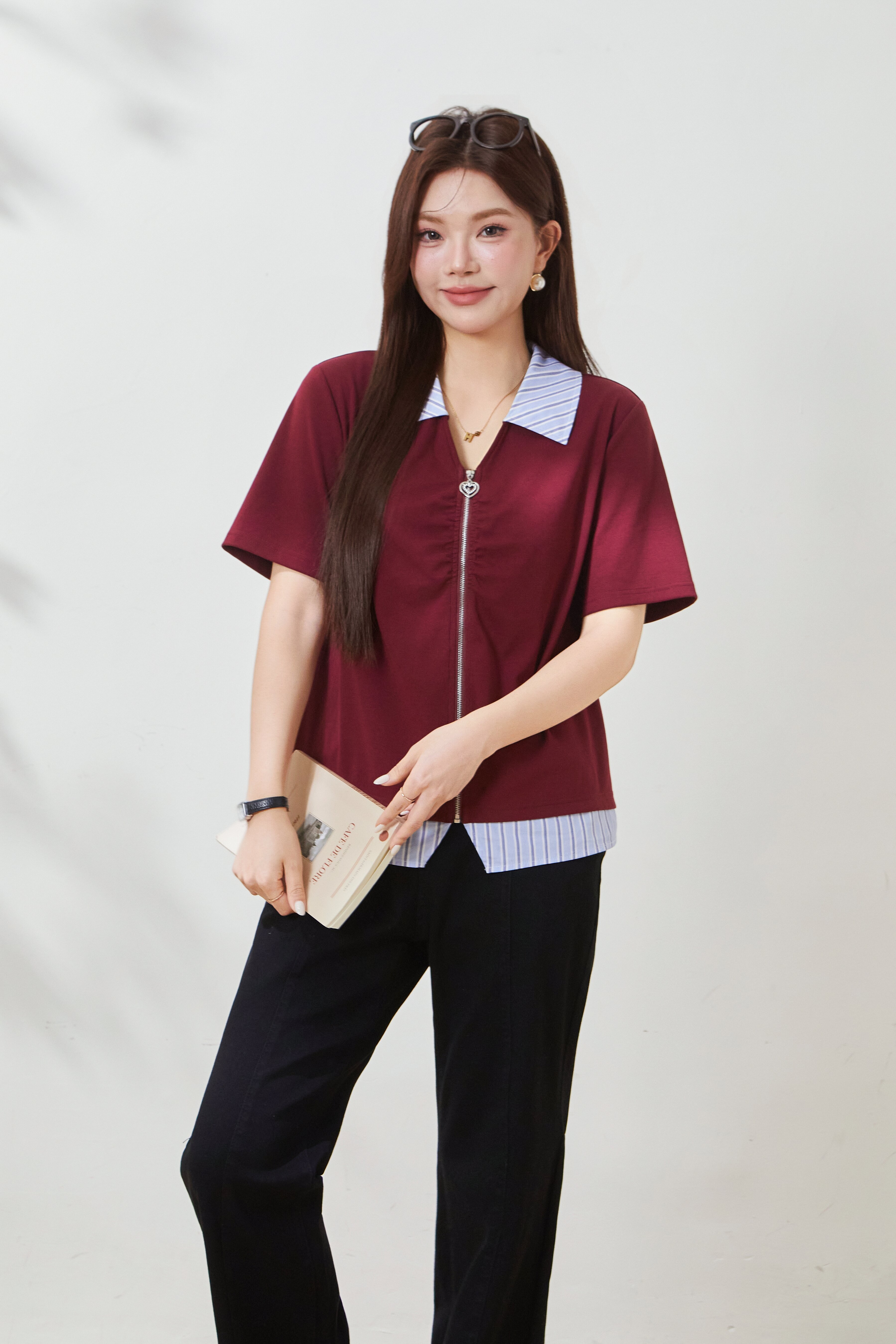 Striped patchwork fake two-piece knitted shirt FXZ8010