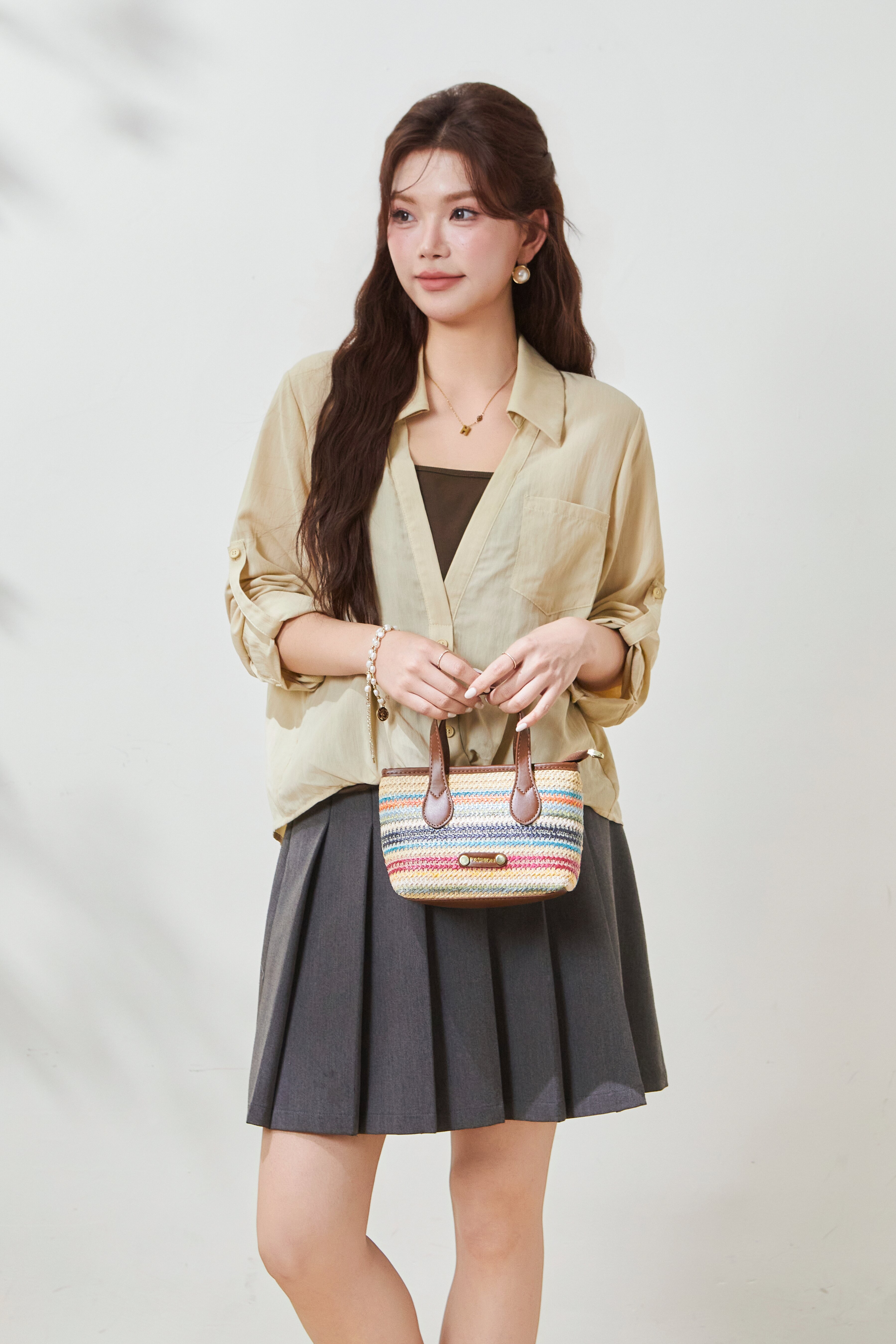 Two-tone faux two-piece V-neck blouse FCA6889