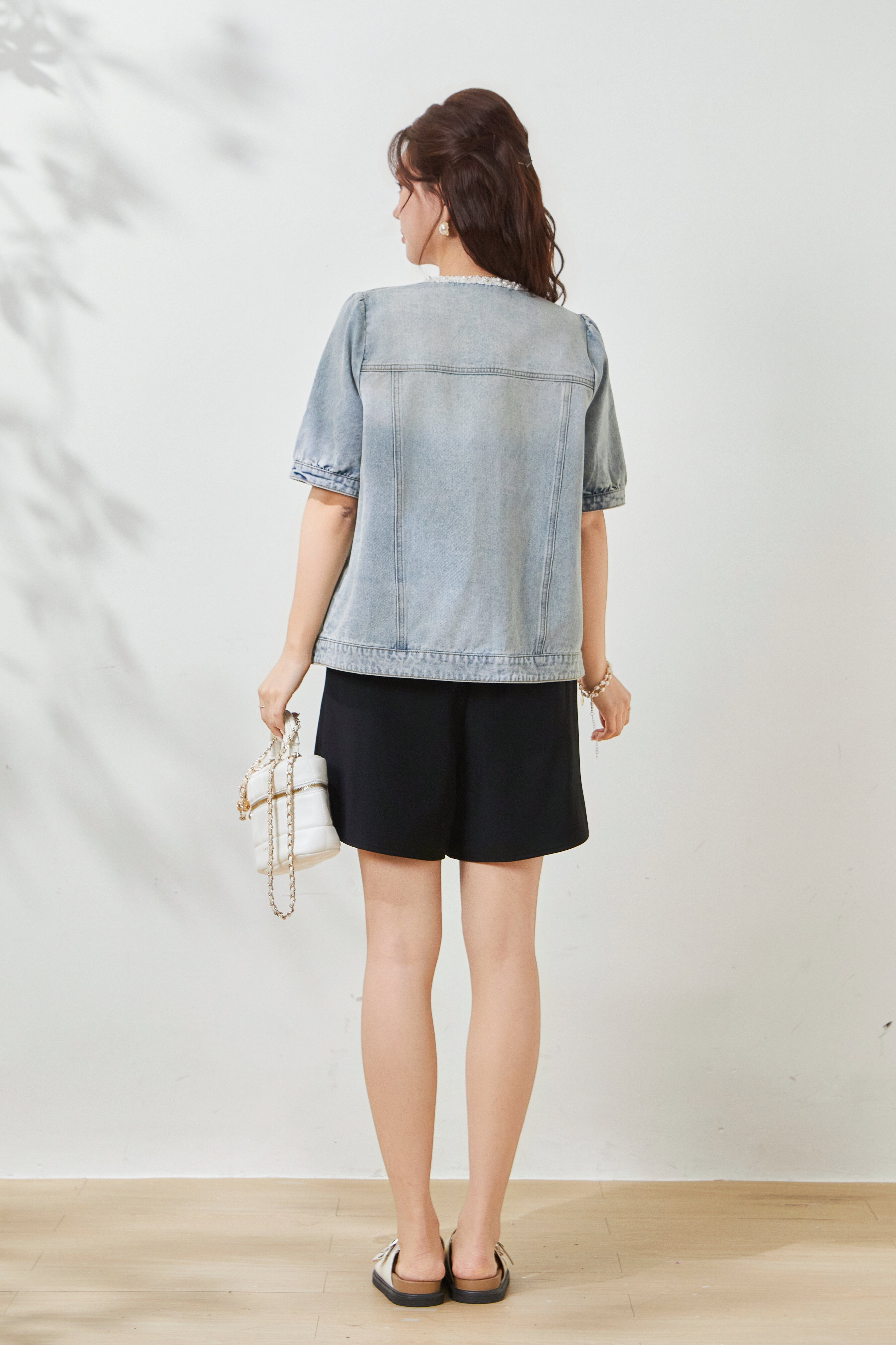 Mid-sleeve youthful denim jacket with pearl embellishments FCW8009