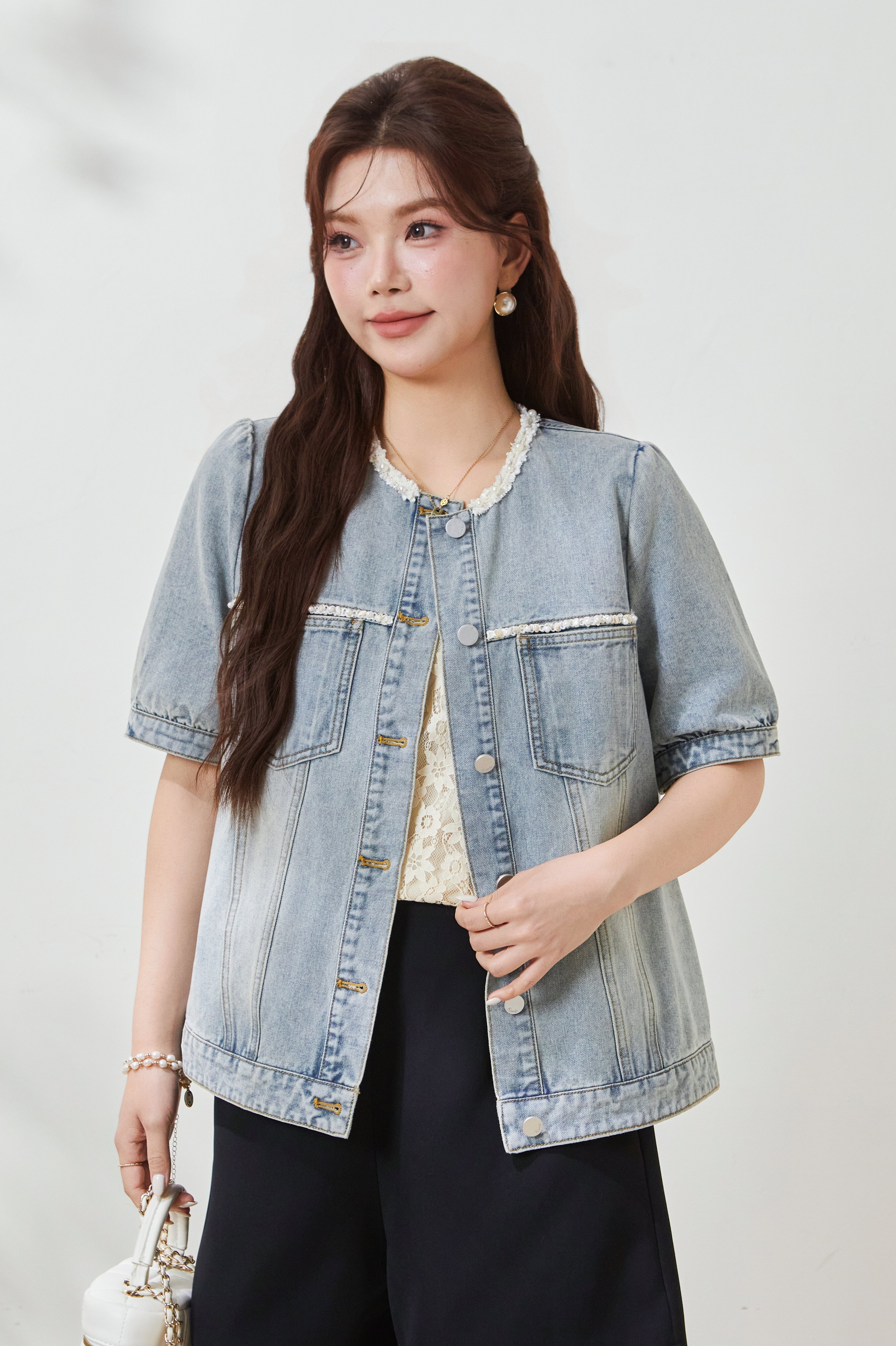 Mid-sleeve youthful denim jacket with pearl embellishments FCW8009
