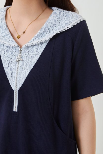 Two-tone navy collar dress with lace trim FXQ7051