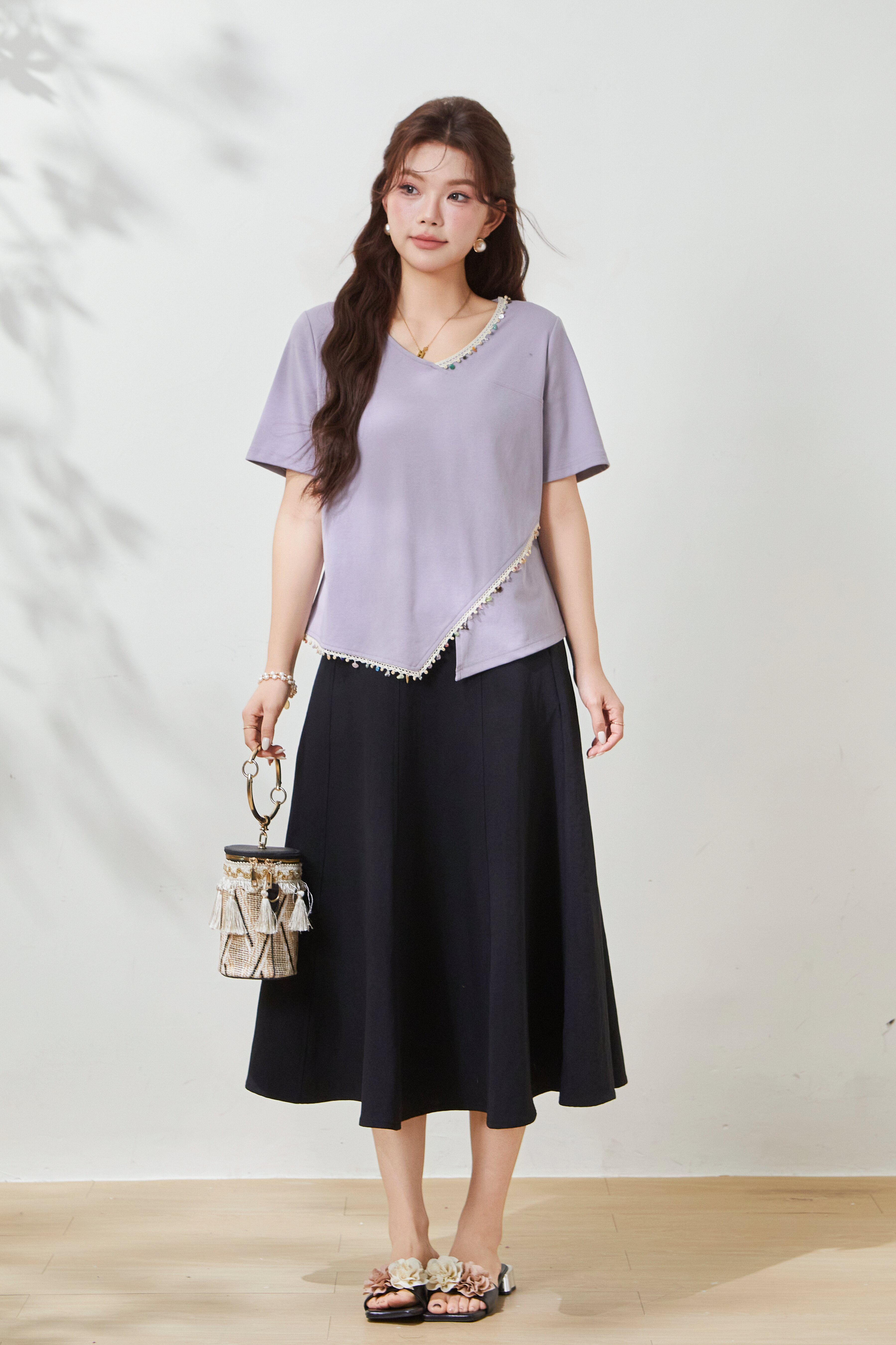 Irregular knit with waist cinching T-shirt FXZ7033