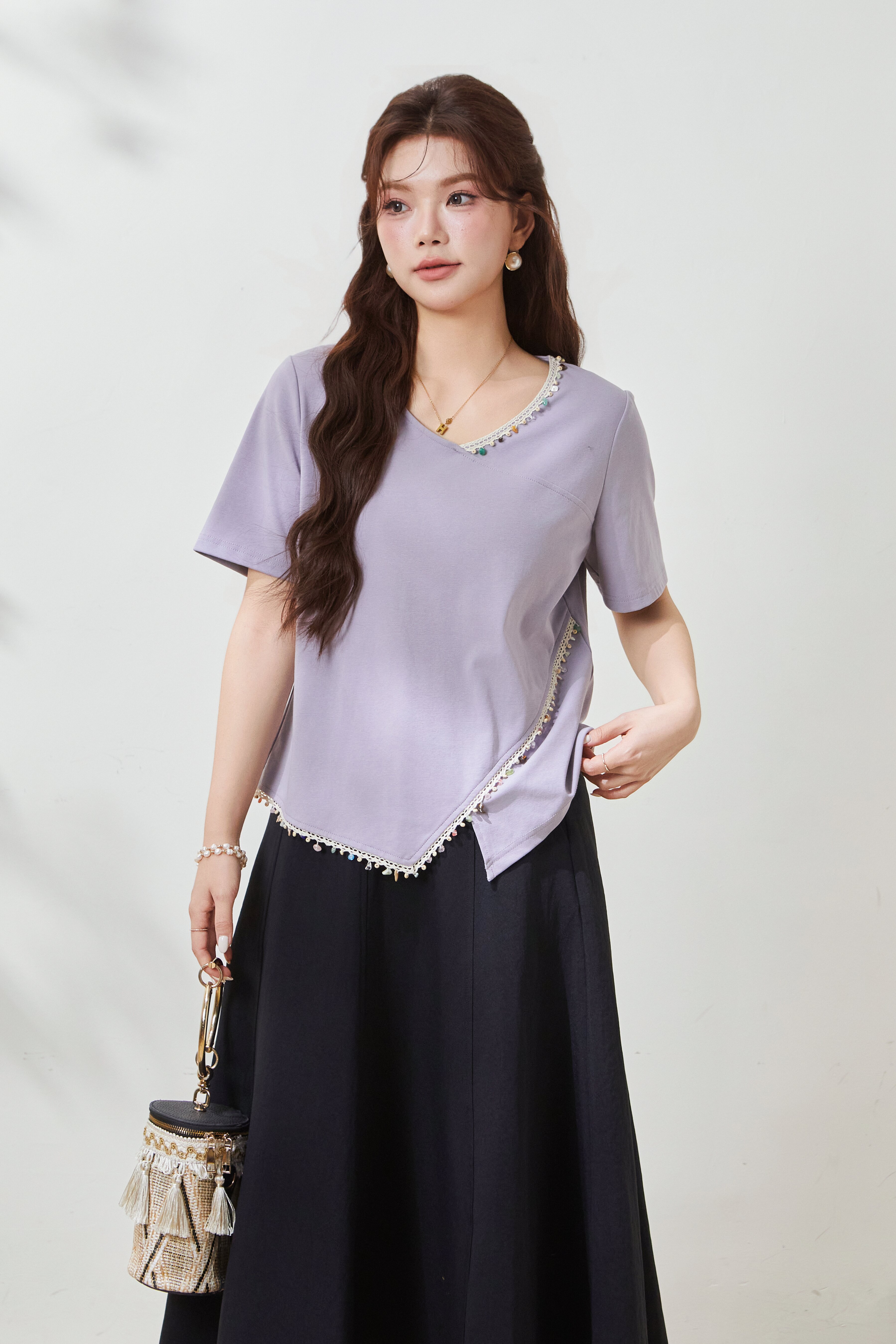 Irregular knit with waist cinching T-shirt FXZ7033