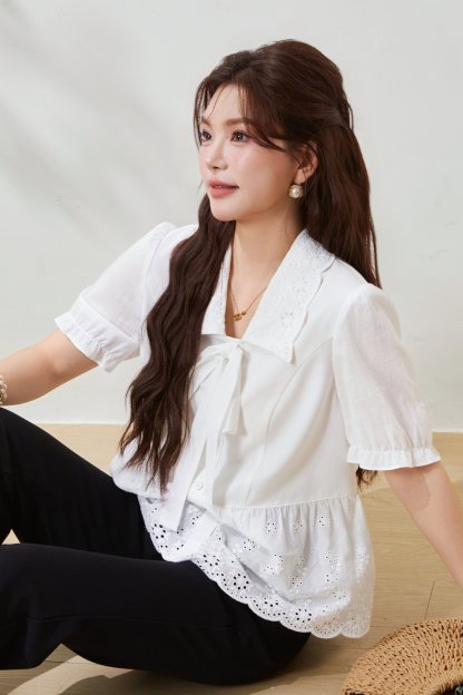 Waist-cinching heavy embroidery top FXA7058