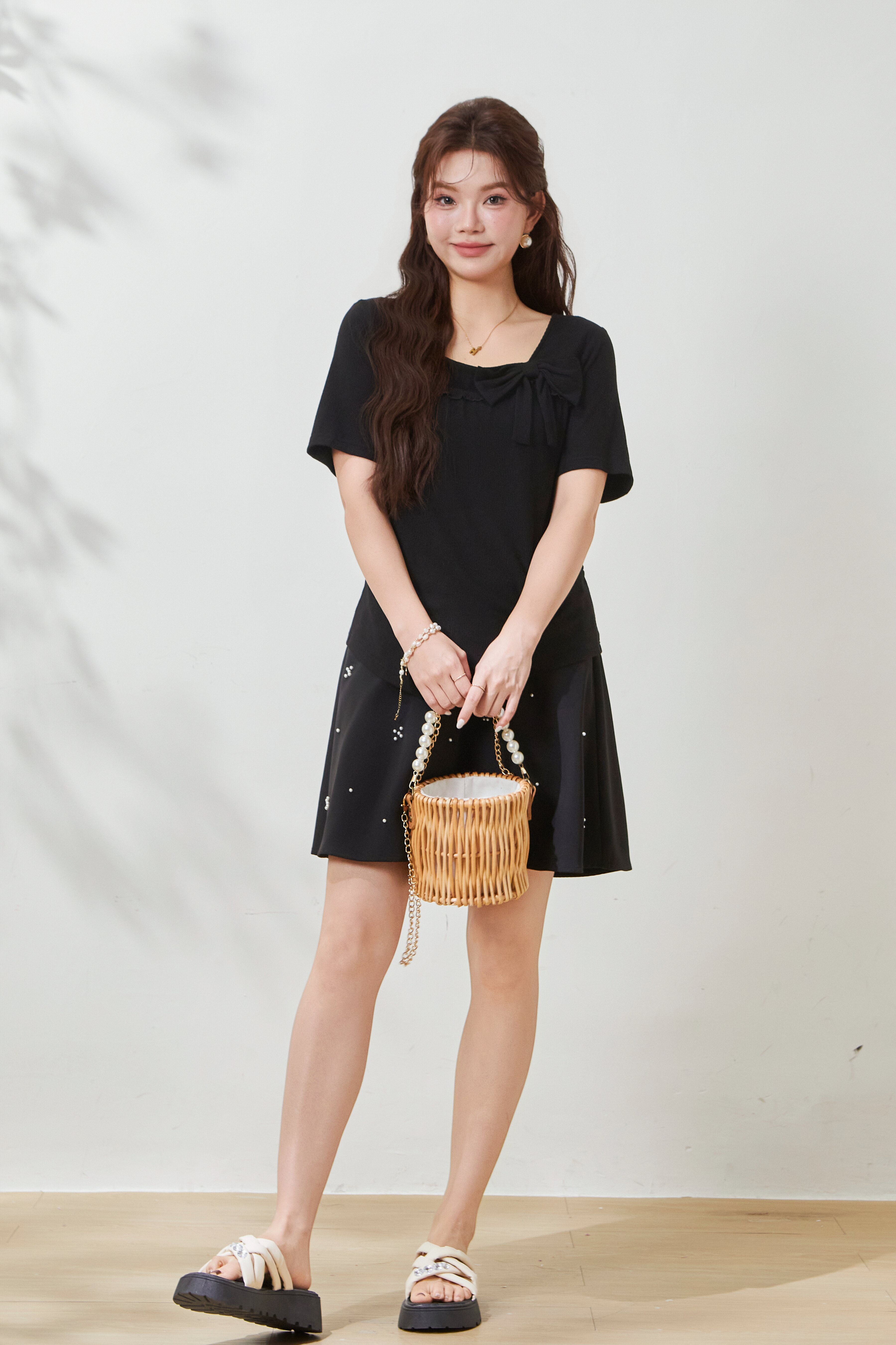 Small square collar, youthful bow-knot knitted T-shirt FXZ7087
