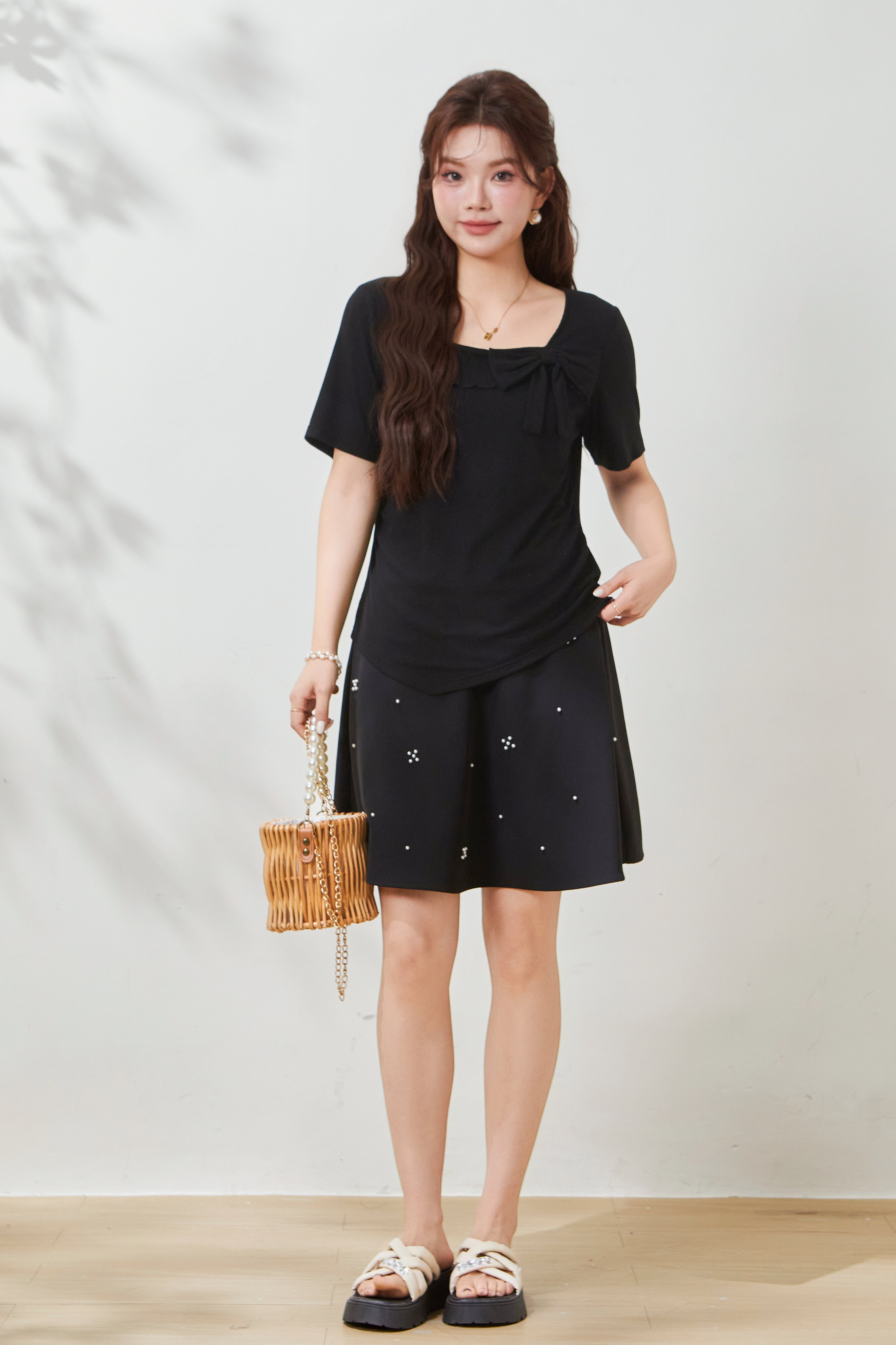 Small square collar, youthful bow-knot knitted T-shirt FXZ7087