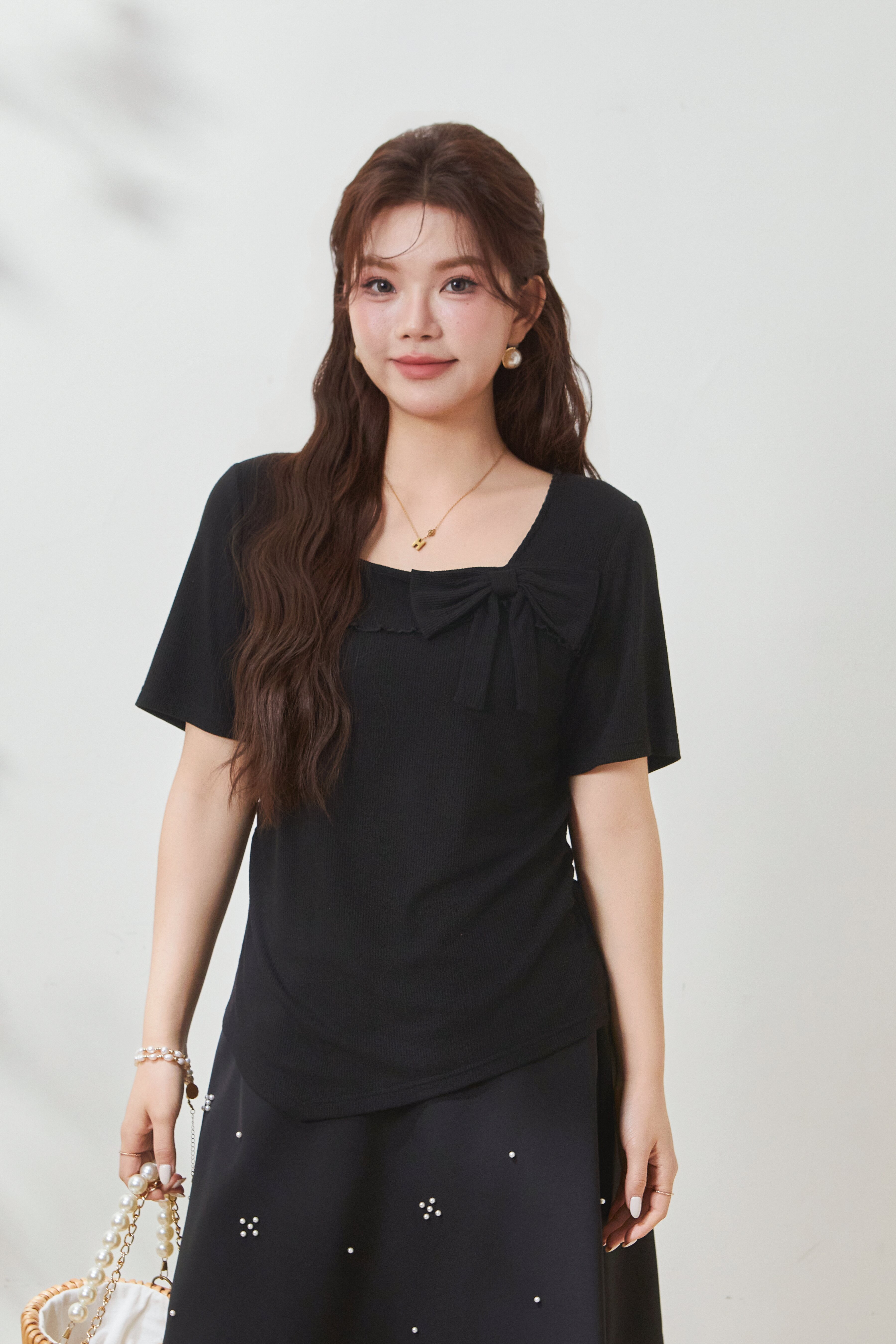 Small square collar, youthful bow-knot knitted T-shirt FXZ7087