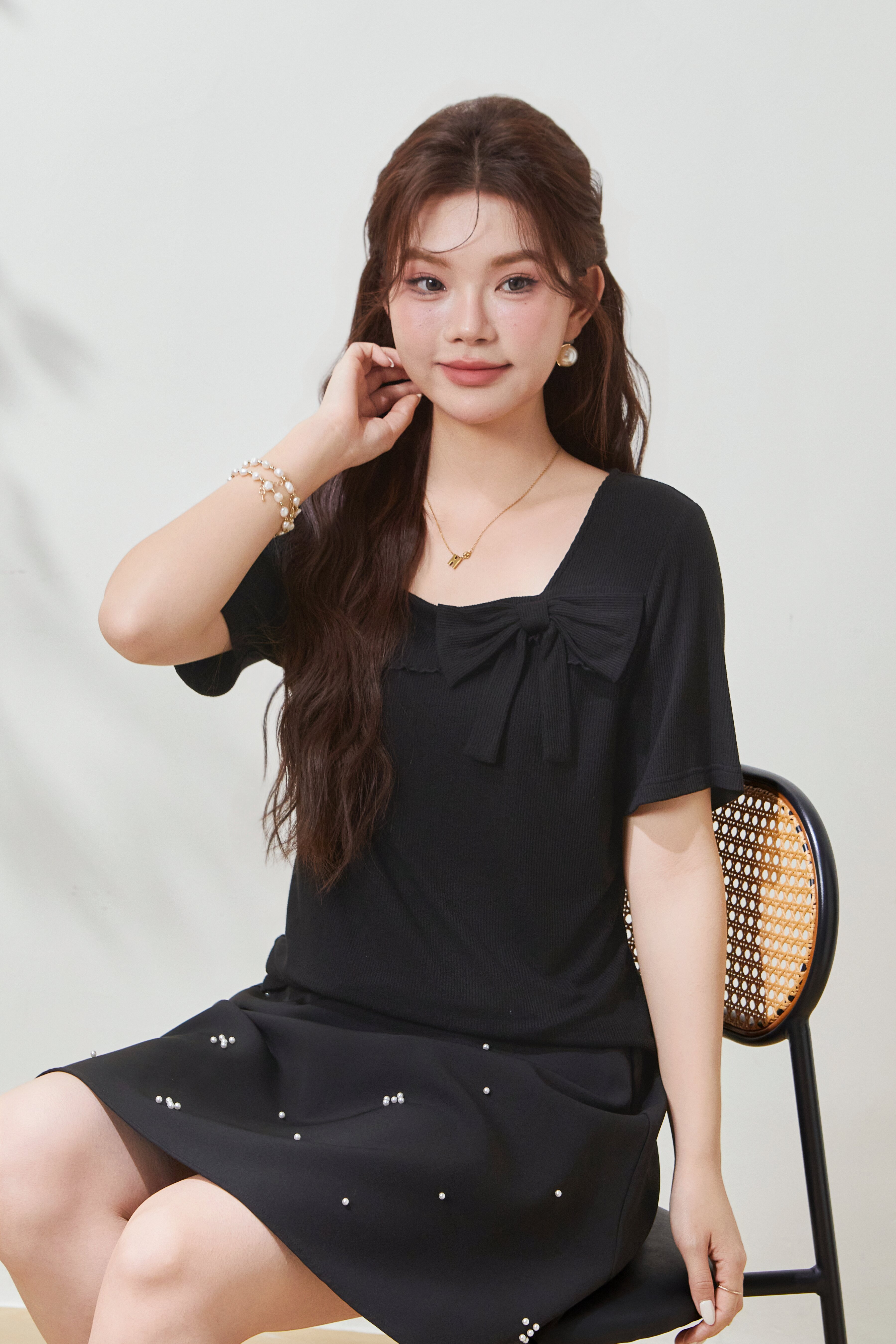 Small square collar, youthful bow-knot knitted T-shirt FXZ7087