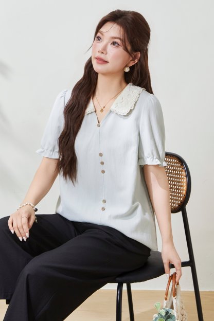 Imitation Cotton-Linen Lace Color-Block V-Neck Blouse FXA7052
