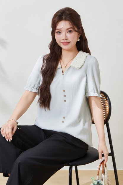 Imitation Cotton-Linen Lace Color-Block V-Neck Blouse FXA7052
