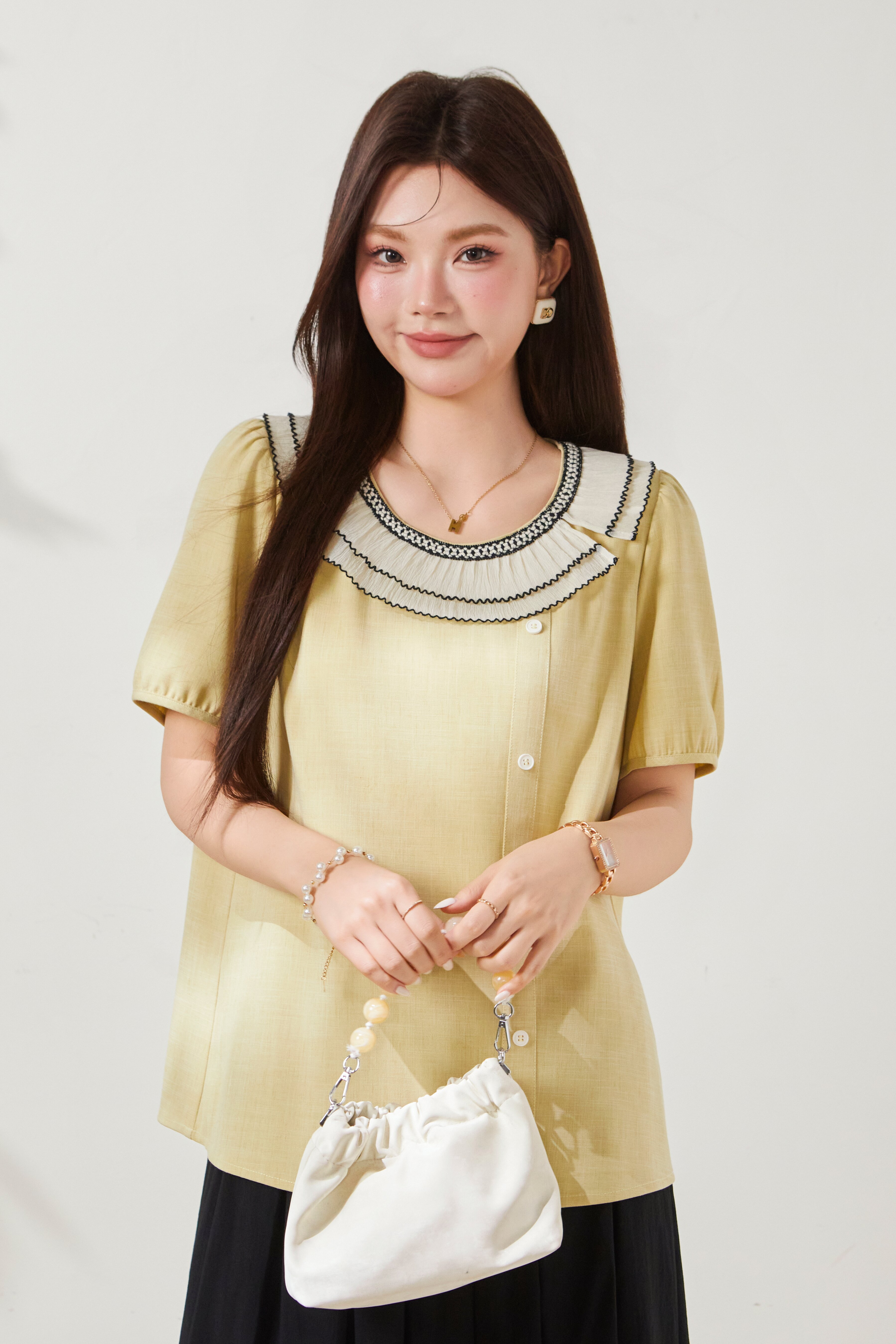 Round neck irregular bubble sleeve shirt FXA8020