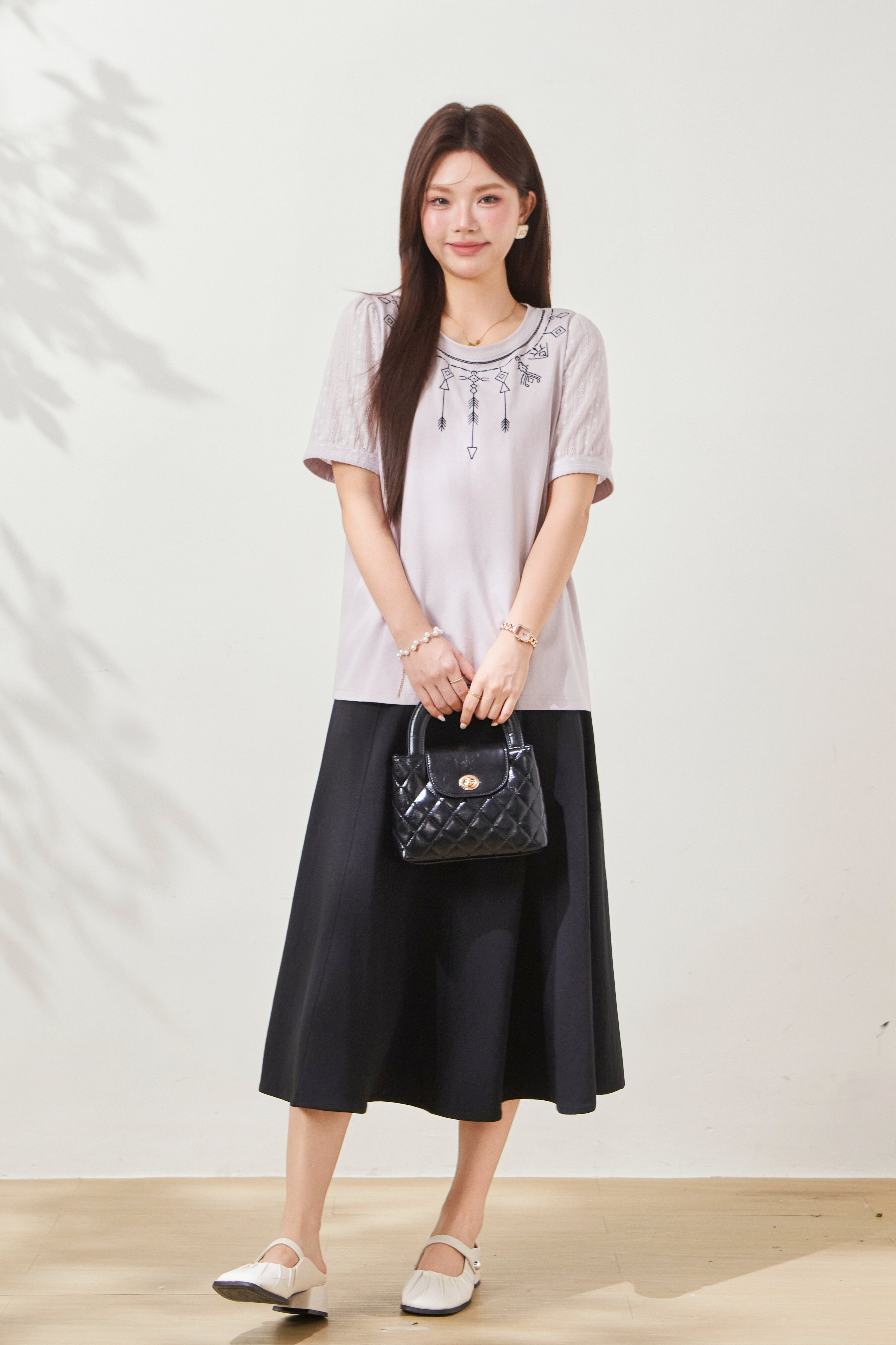 Embroidered Knit Patchwork Cotton T-Shirt FXZ6981