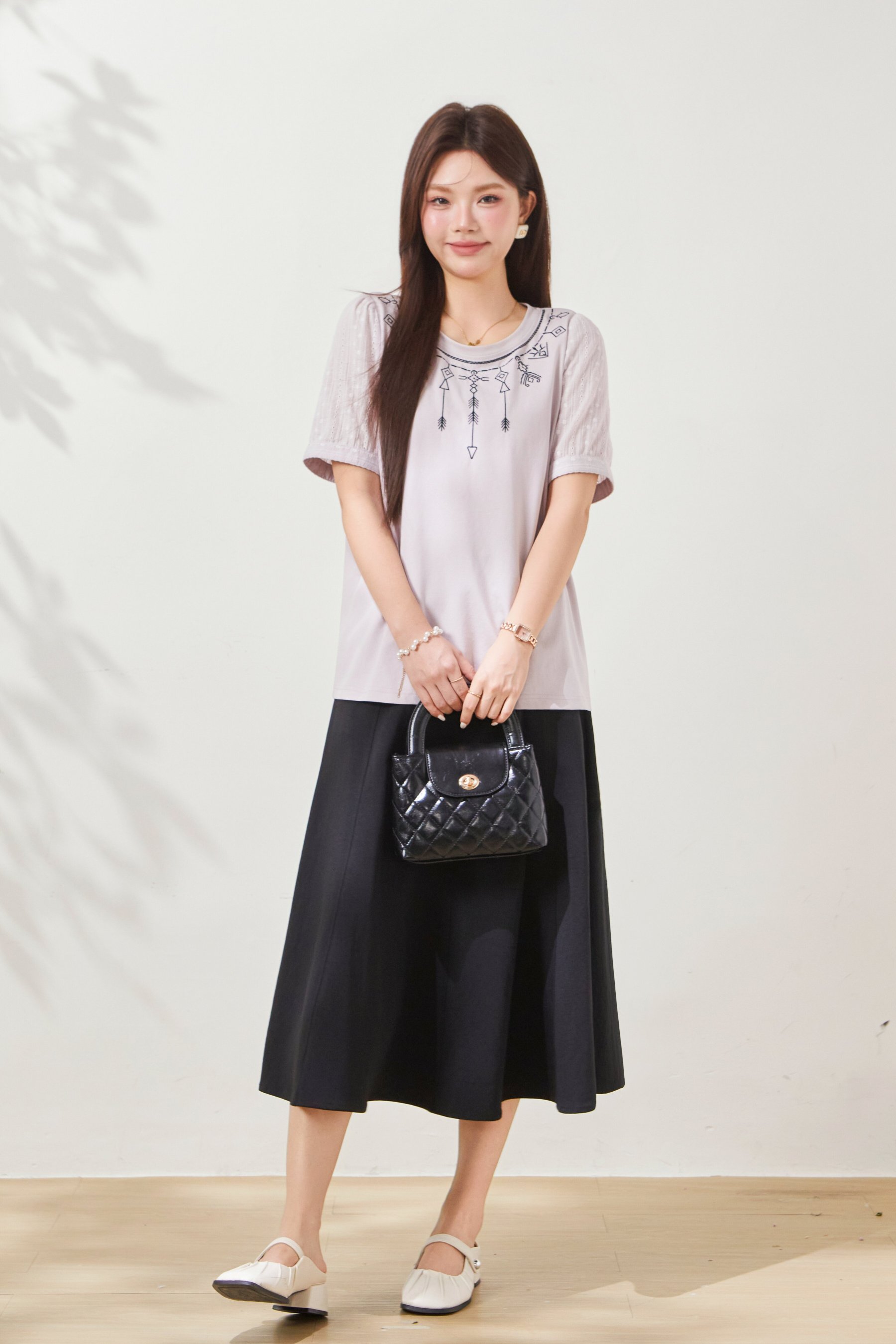 Embroidered Knit Patchwork Cotton T-Shirt FXZ6981