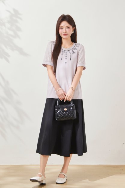 Embroidered Knit Patchwork Cotton T-Shirt FXZ6981