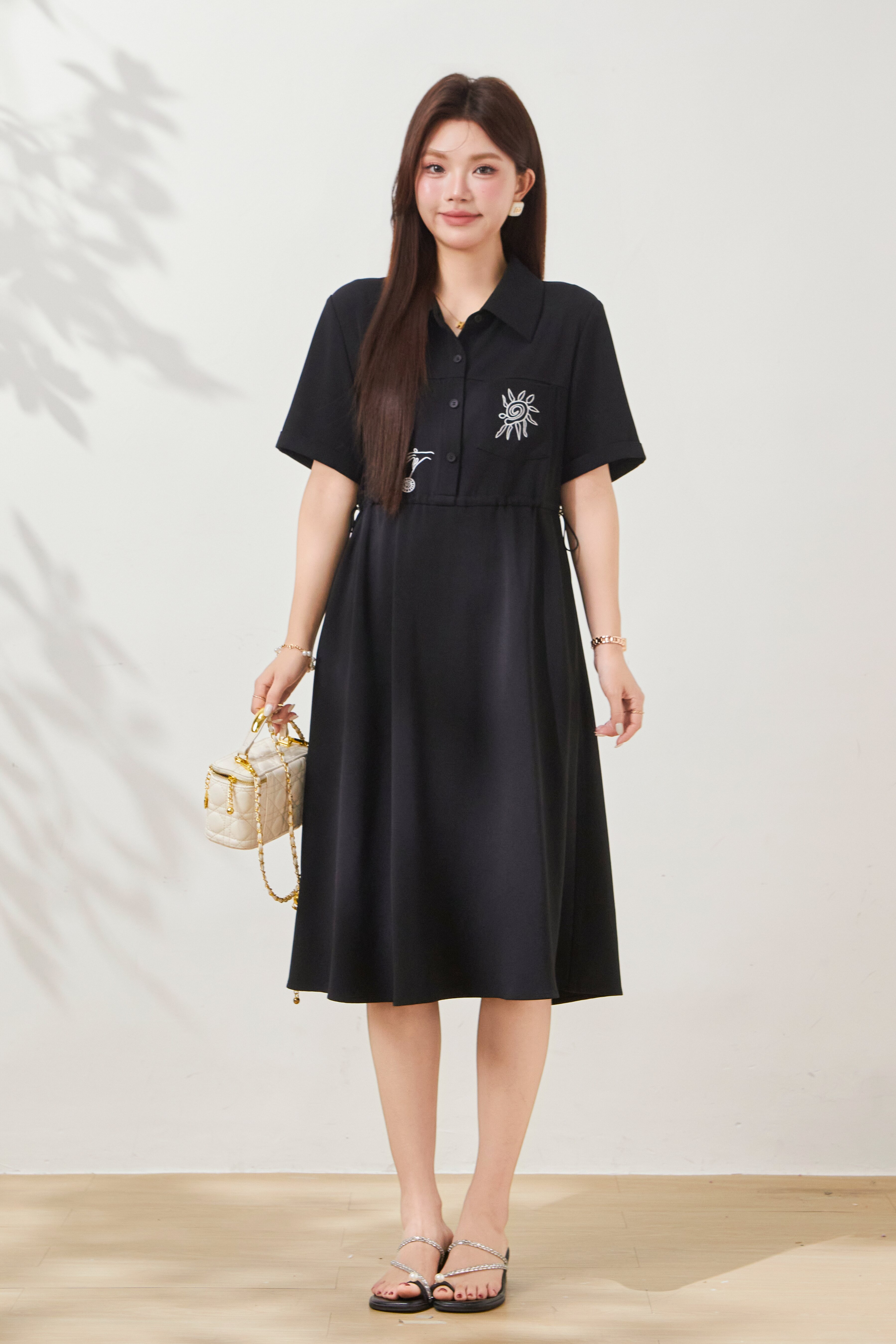 Collar sleeves rolled up, waist cinched, embroidered dress FXQ7075
