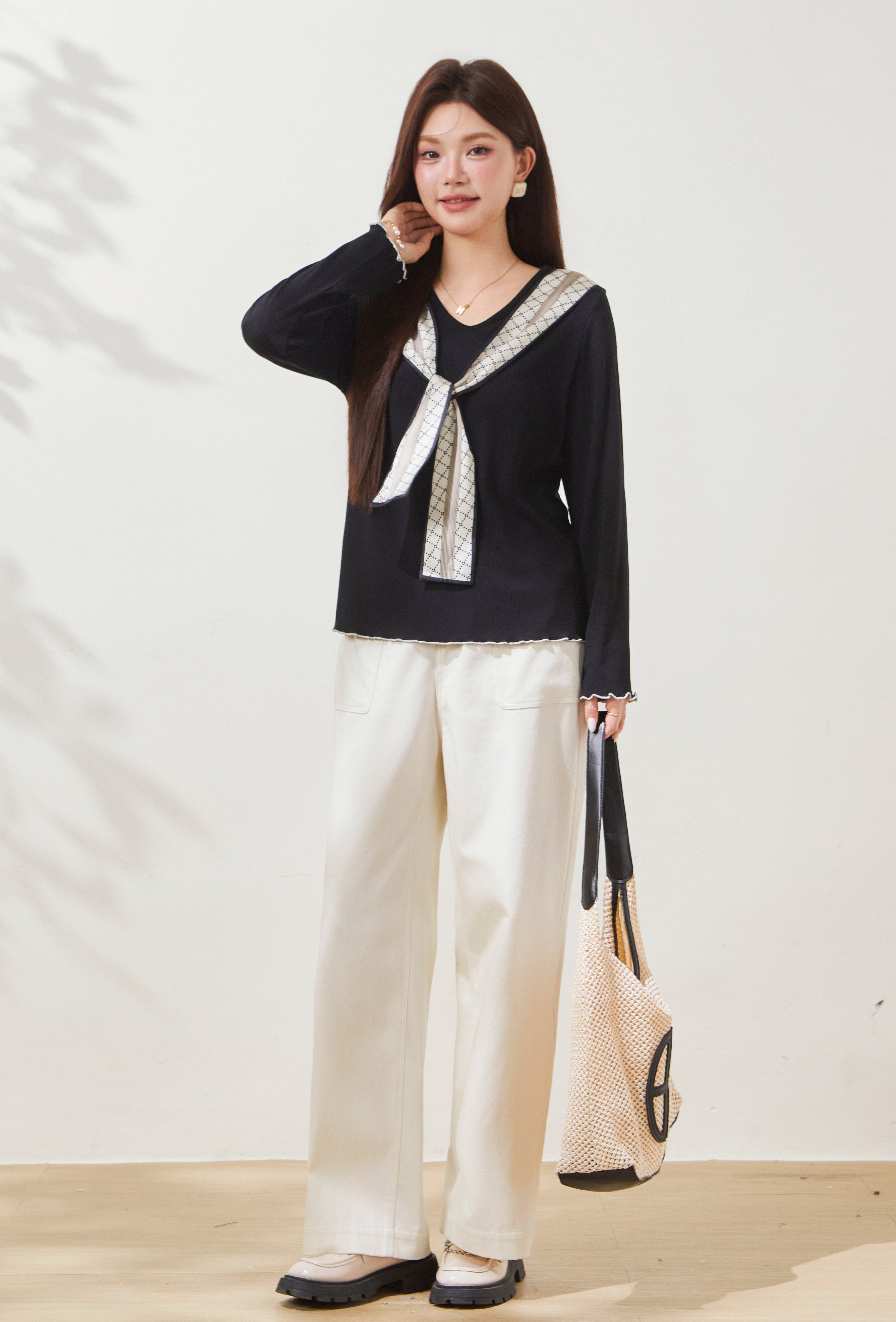 Silk Scarf Fake Two-Piece T-Shirt FCZ6898