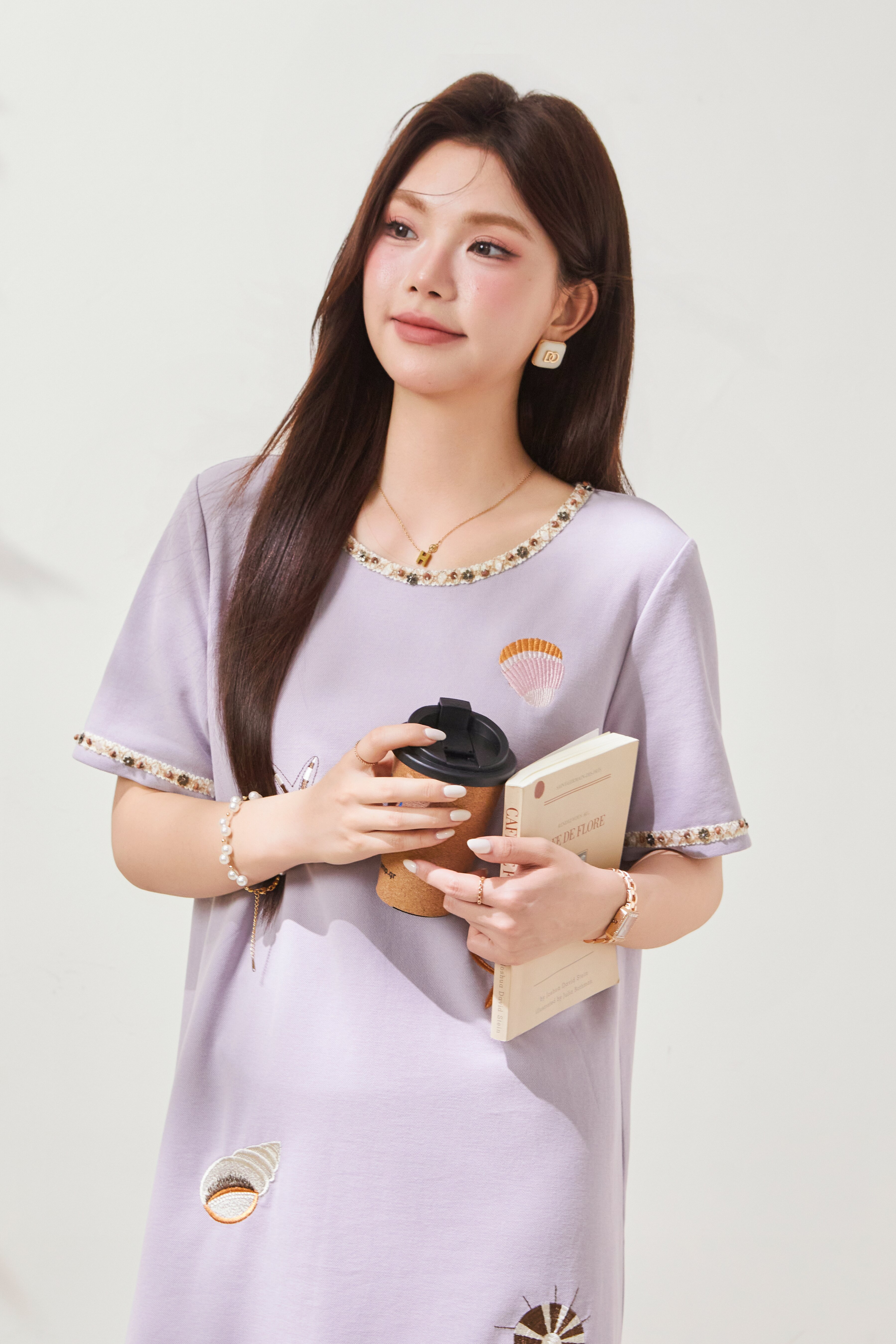 Piqué cotton embroidered round-neck dress FXQ7095