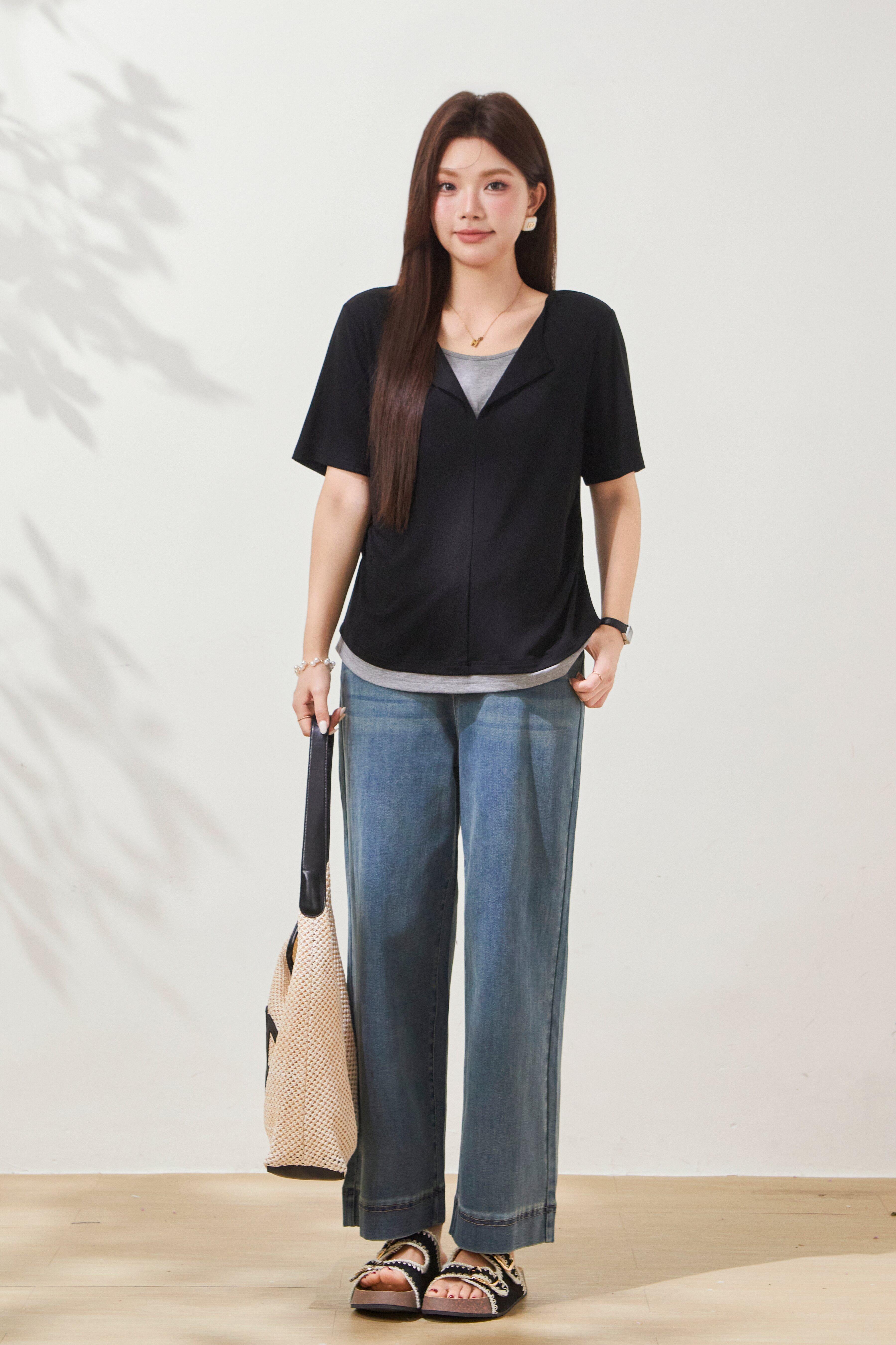 Fake Two-Piece Waist-Cinching Lyocell T-Shirt FXZ7038