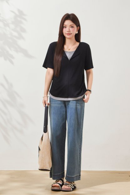 Fake Two-Piece Waist-Cinching Lyocell T-Shirt FXZ7038