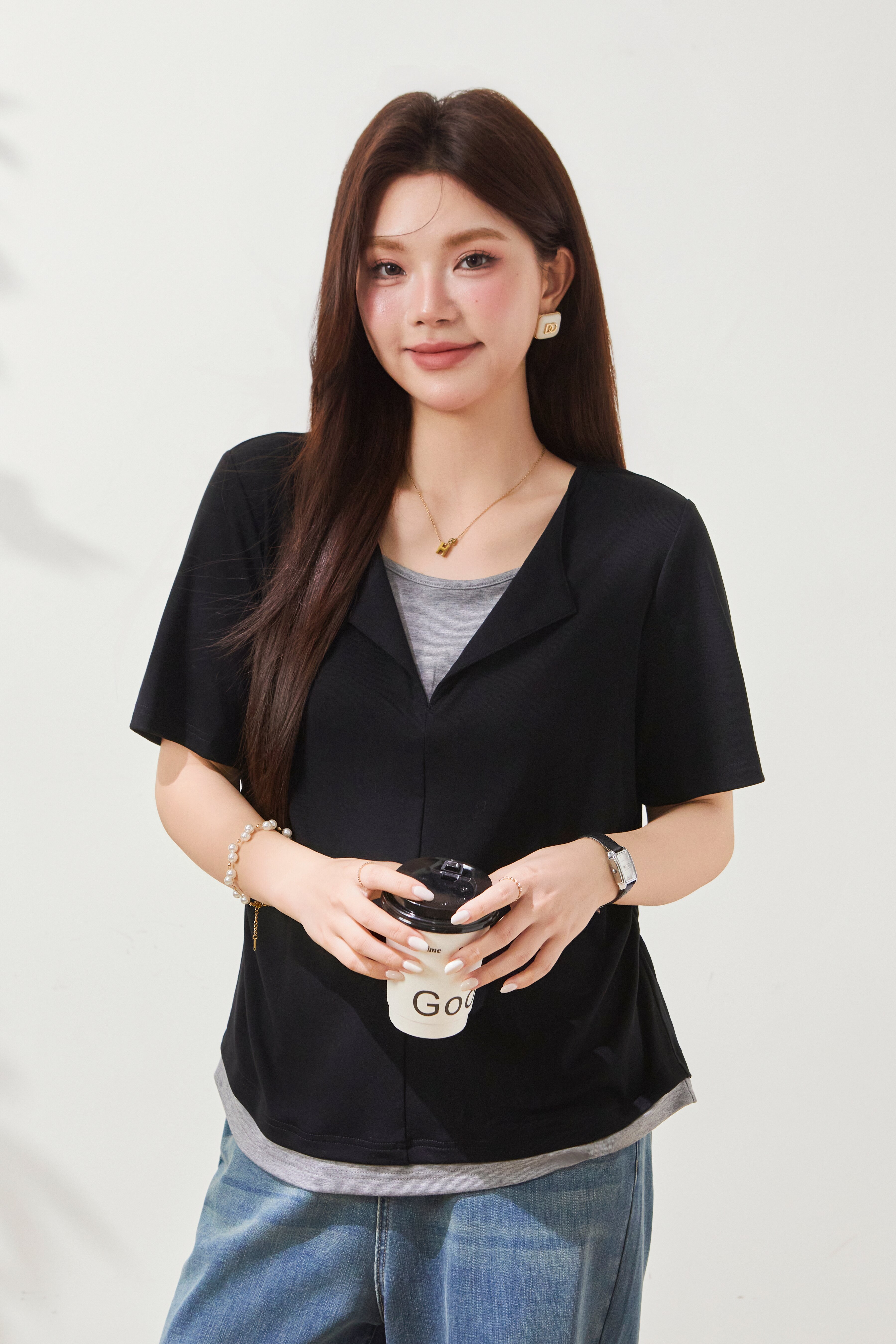 Fake Two-Piece Waist-Cinching Lyocell T-Shirt FXZ7038