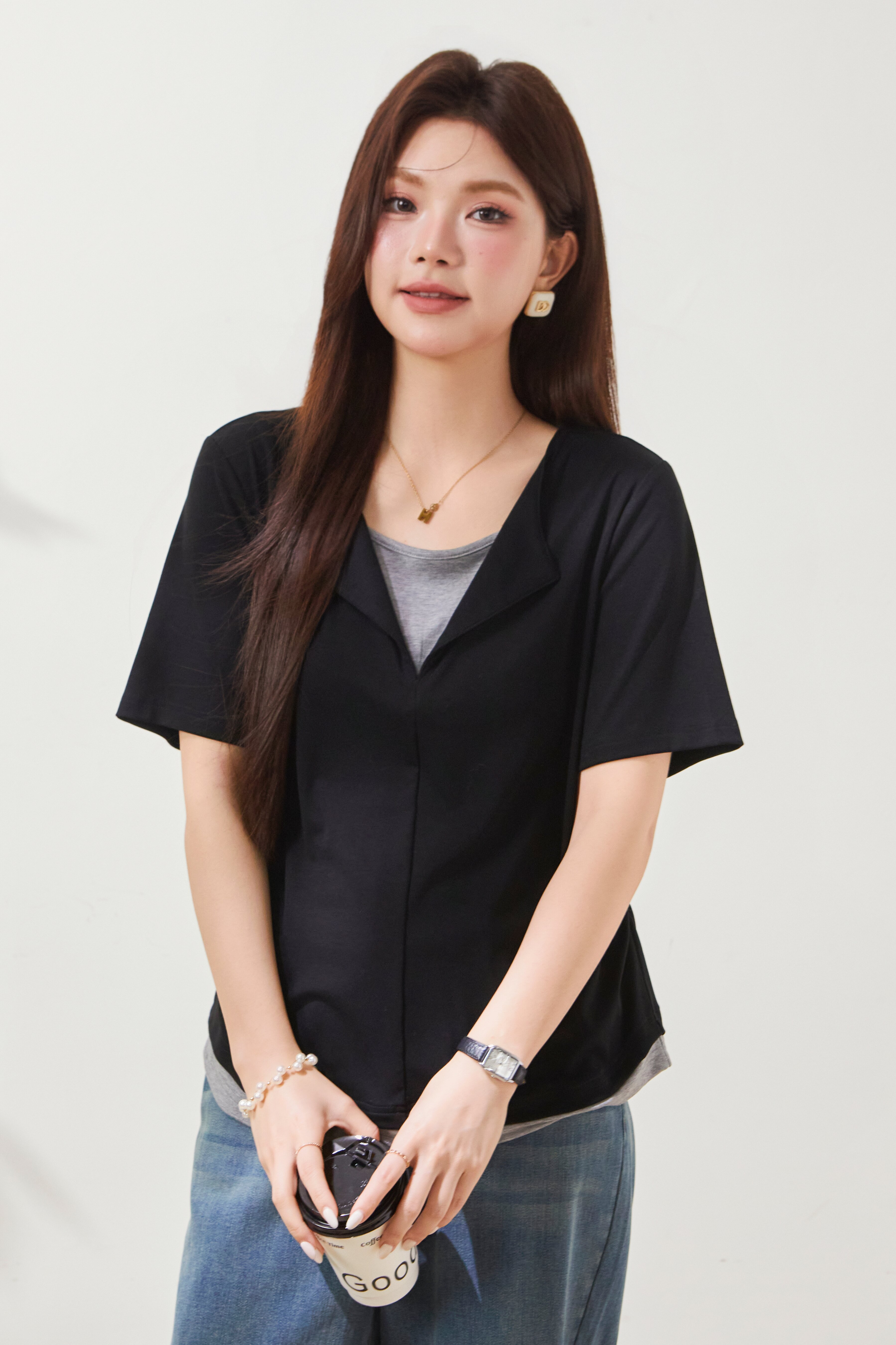 Fake Two-Piece Waist-Cinching Lyocell T-Shirt FXZ7038