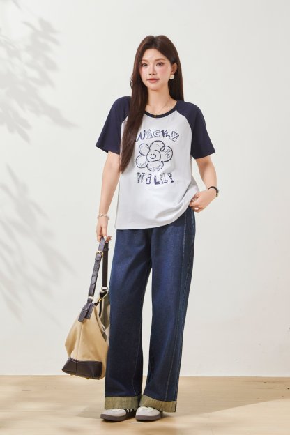 Flower print contrasting raglan sleeve T-shirt FXZ8011