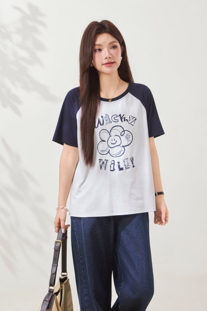 Flower print contrasting raglan sleeve T-shirt FXZ8011