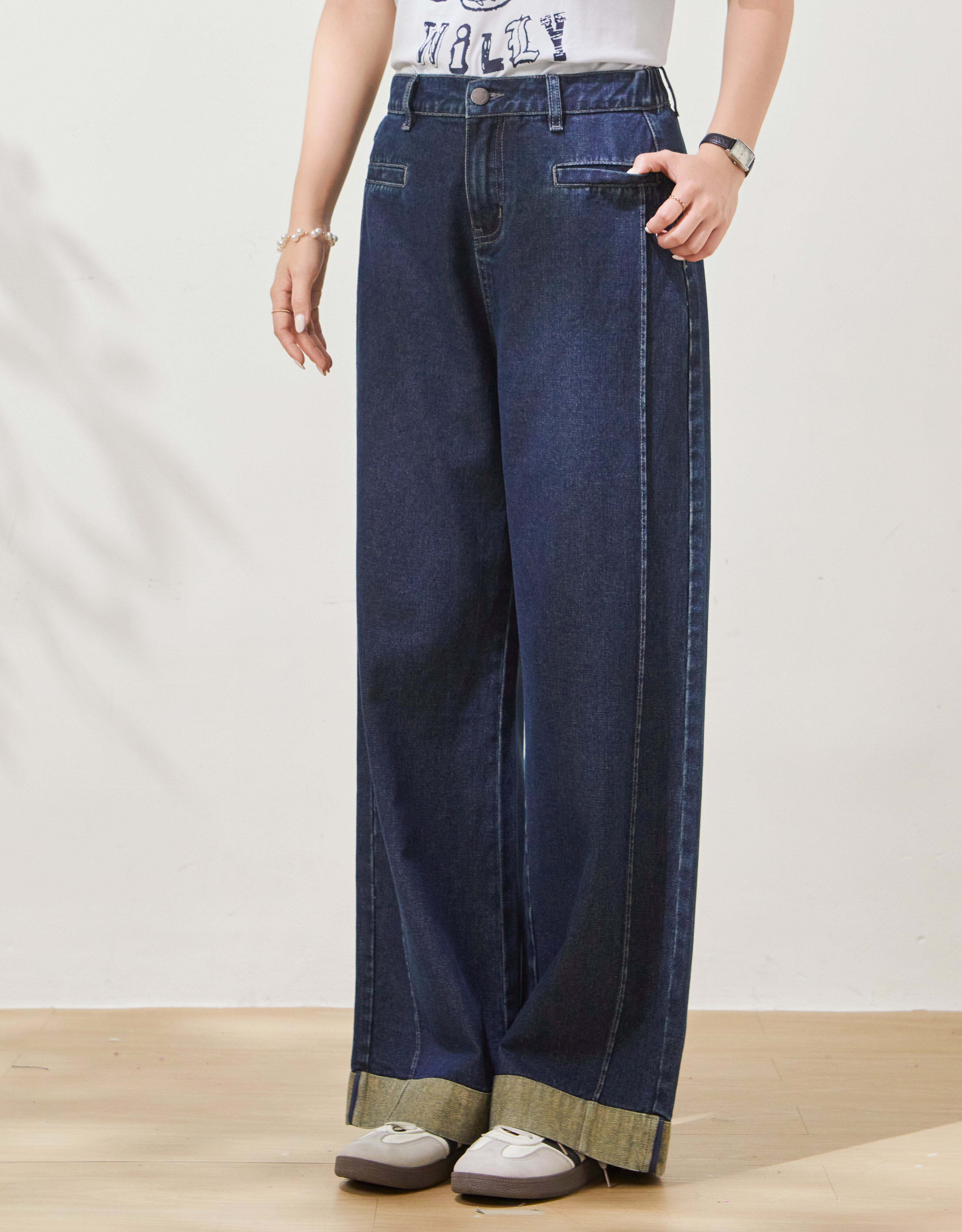 Vintage Wide-Leg Cuffed Hem Denim Pants FXK7022