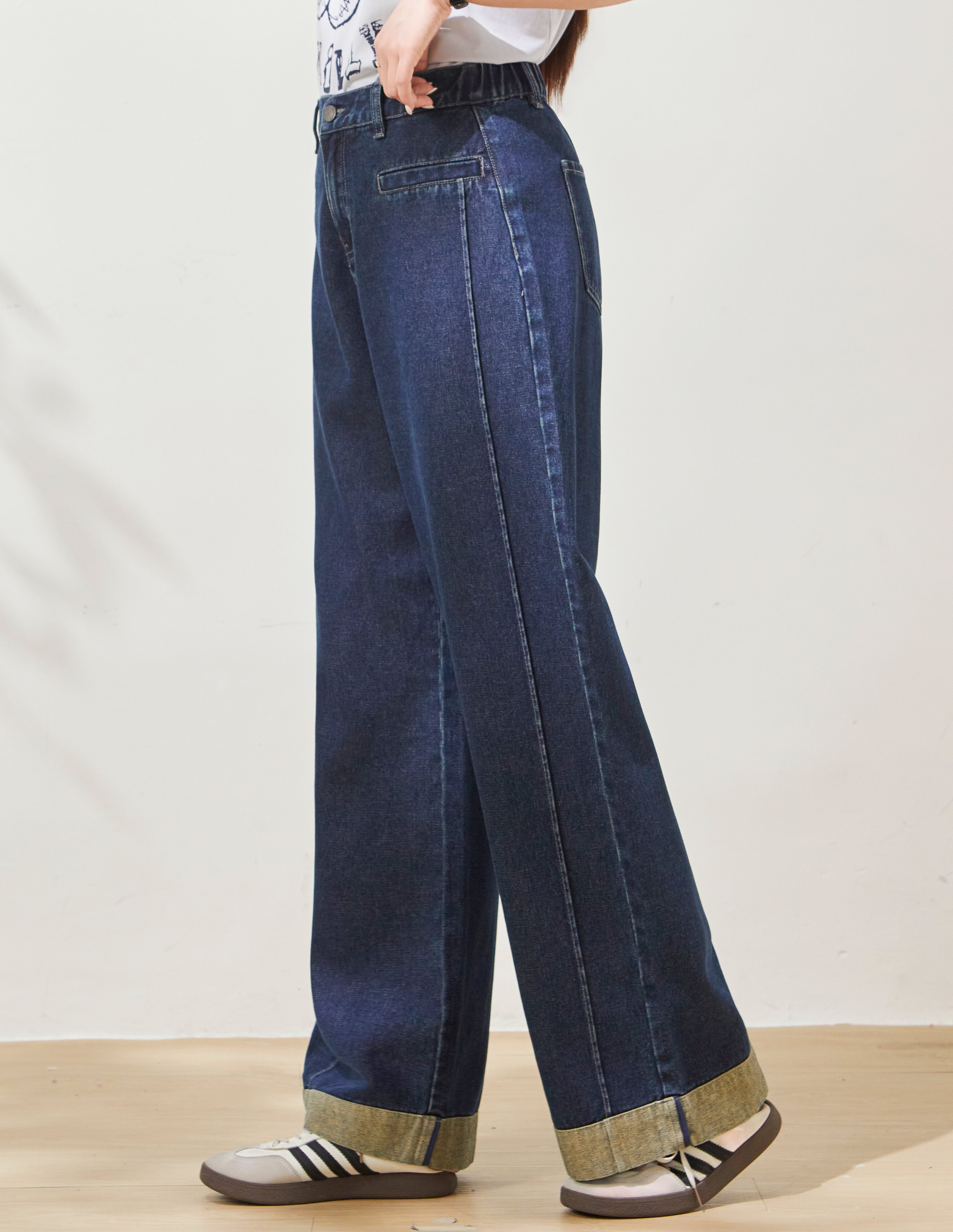 Vintage Wide-Leg Cuffed Hem Denim Pants FXK7022