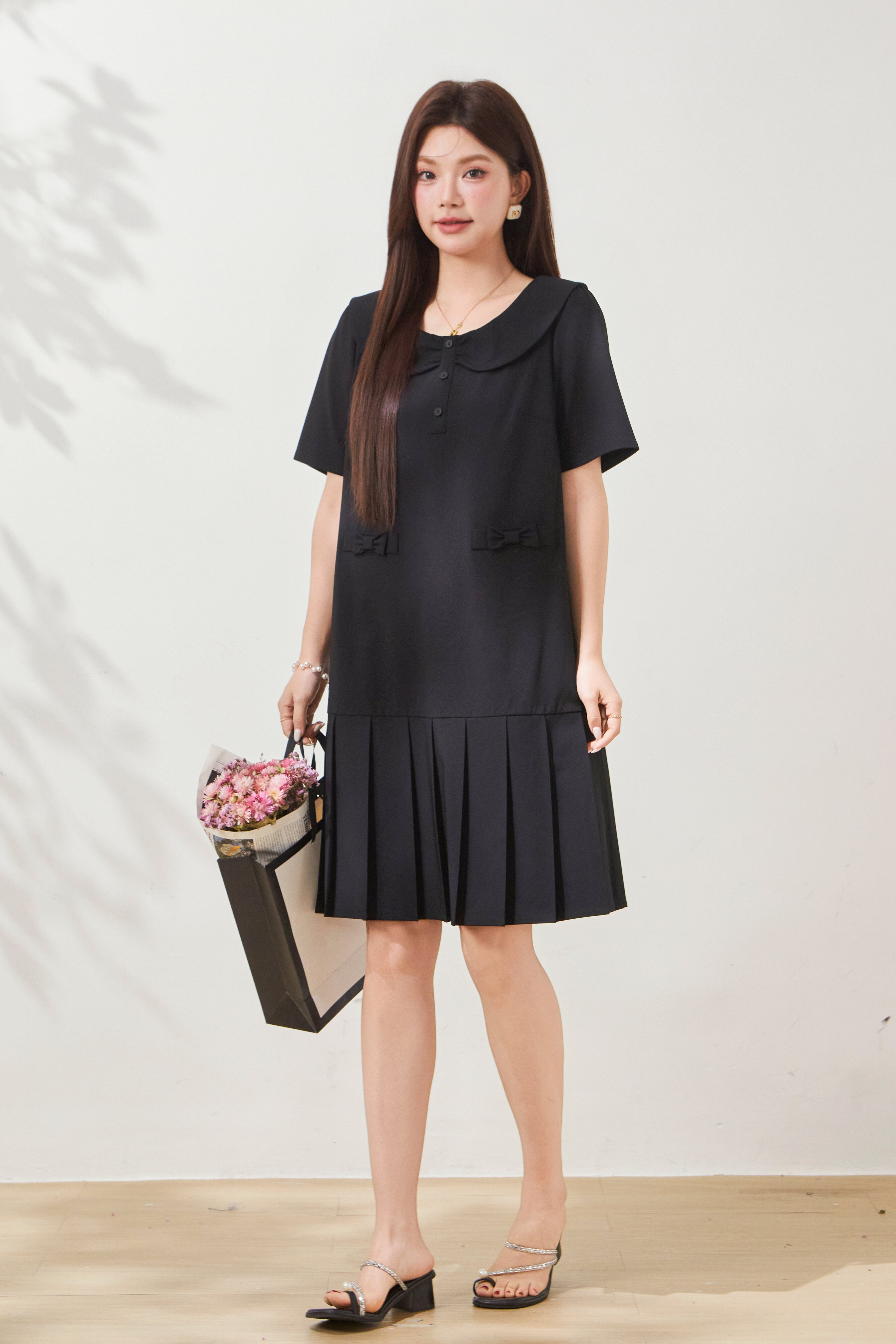 Doll round neck short sleeved folded dress FXQ7099