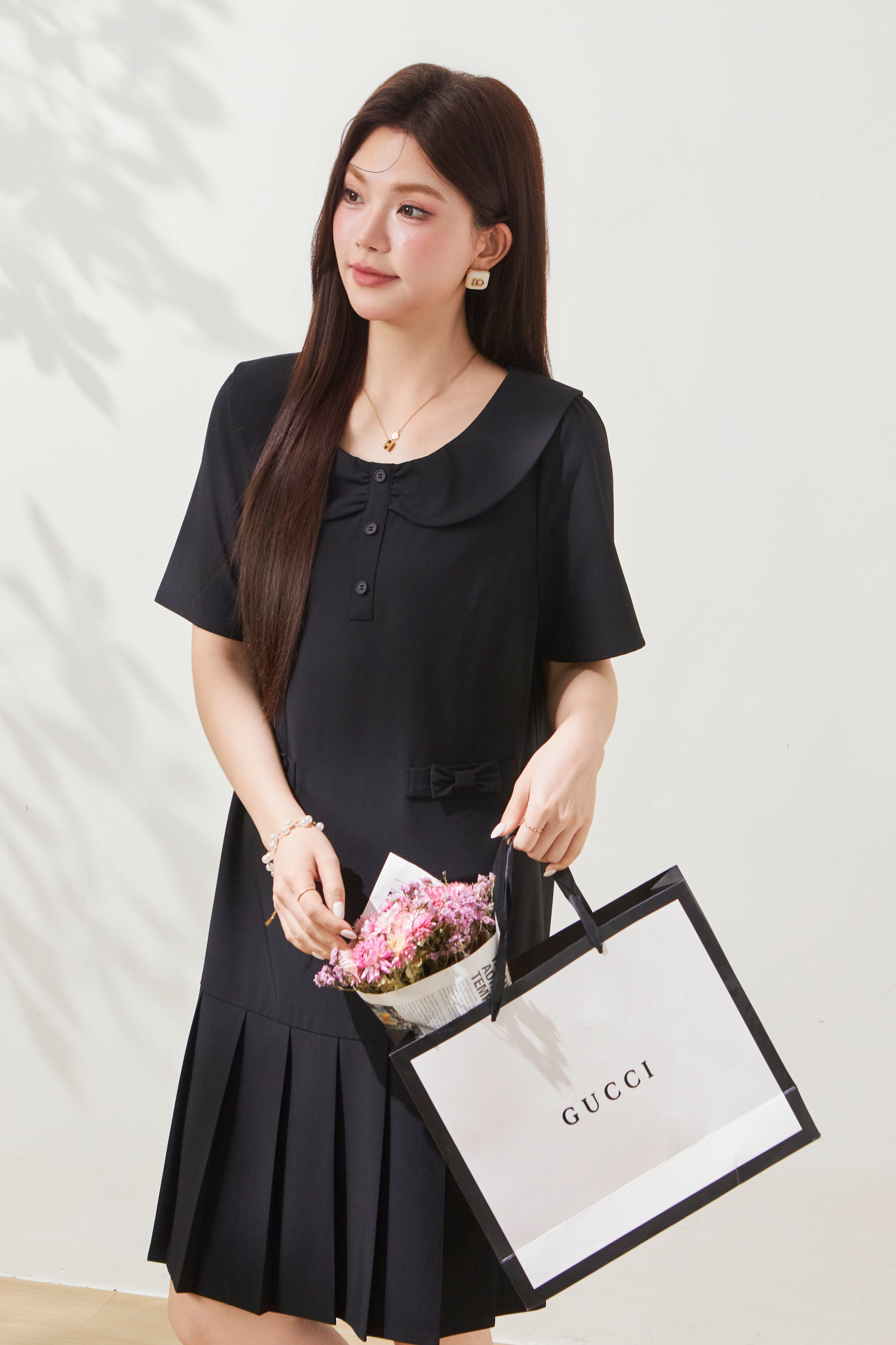 Doll round neck short sleeved folded dress FXQ7099