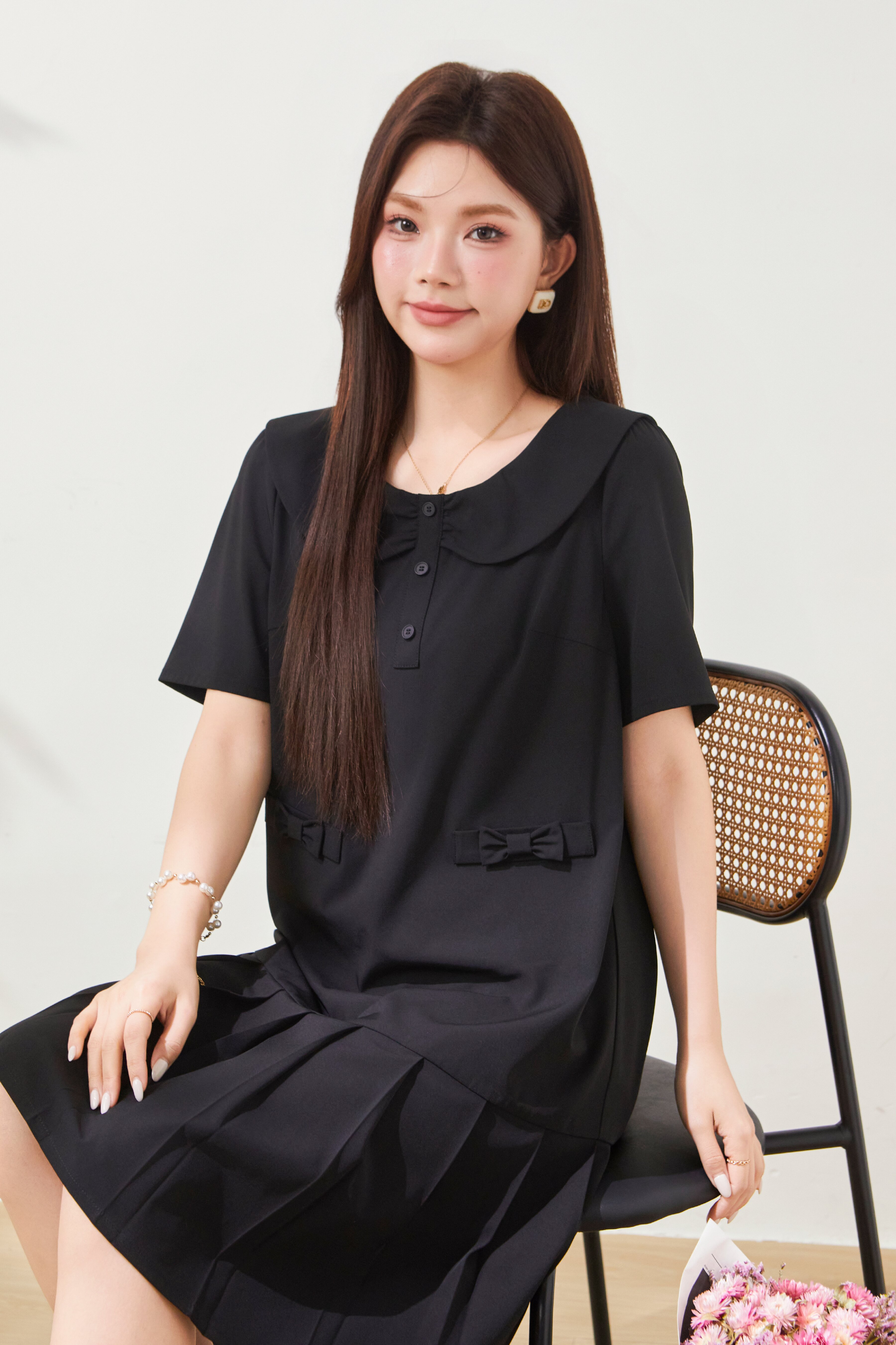 Doll round neck short sleeved folded dress FXQ7099