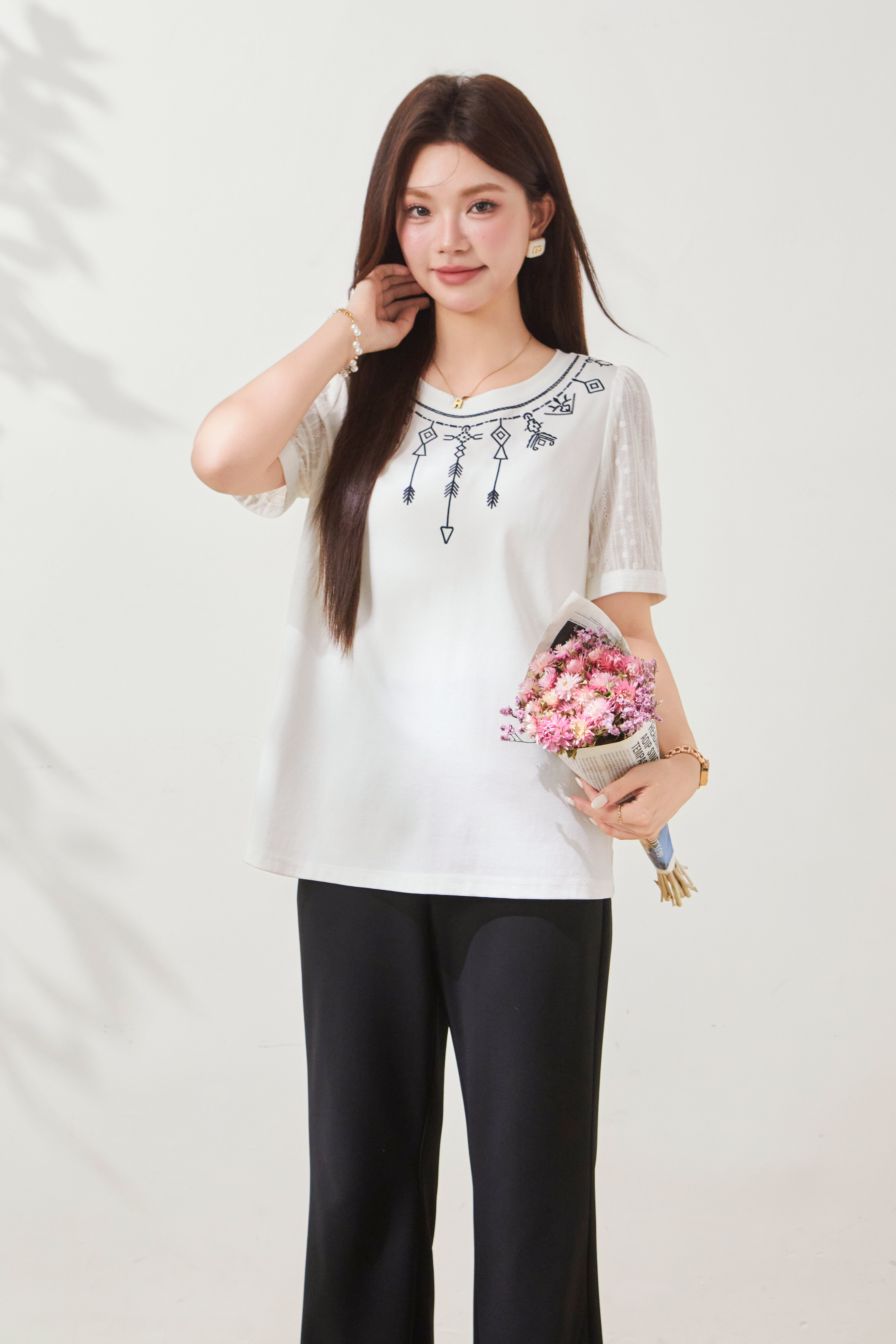 Embroidered Knit Patchwork Cotton T-Shirt FXZ6981